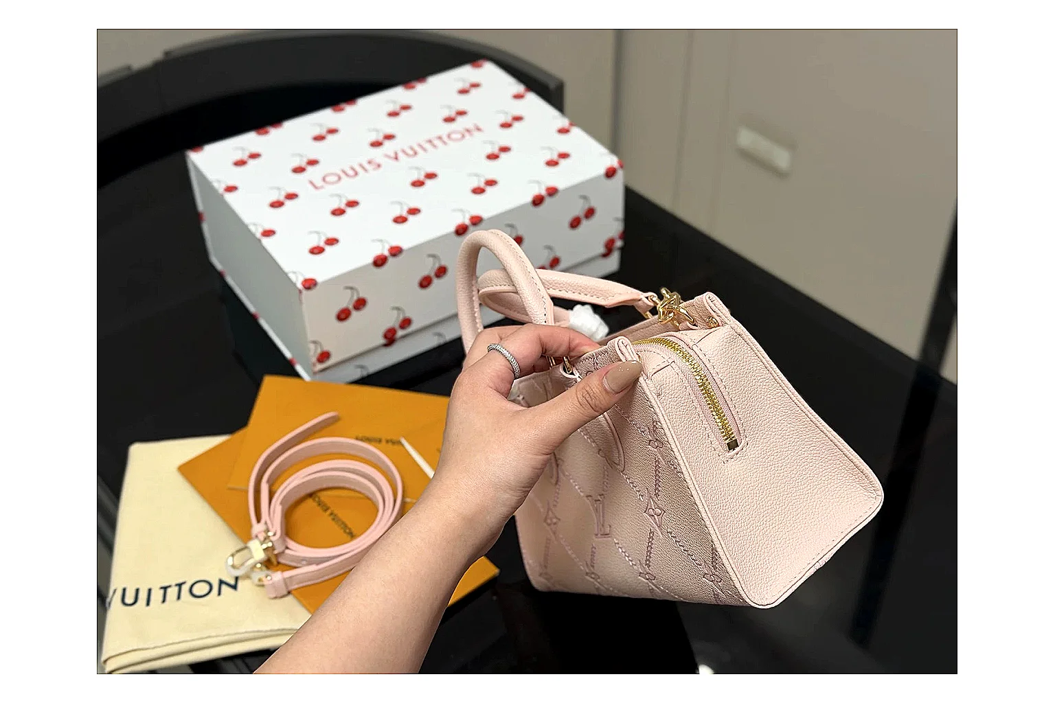 Louis Vuitton Mini Top Handle Pink QC reference photo showing pink leather mini bag body, structured top handle, compact luxury shape, and clean hardware details thumbnail 4