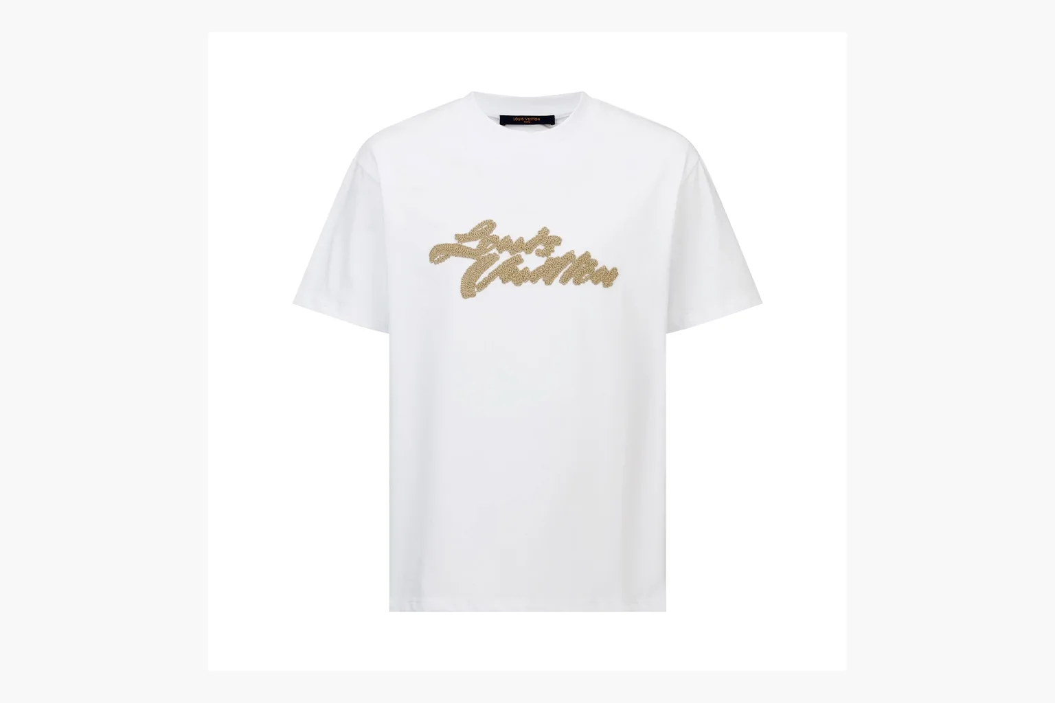 White LV raffia rope logo tee QC photo with embroidery