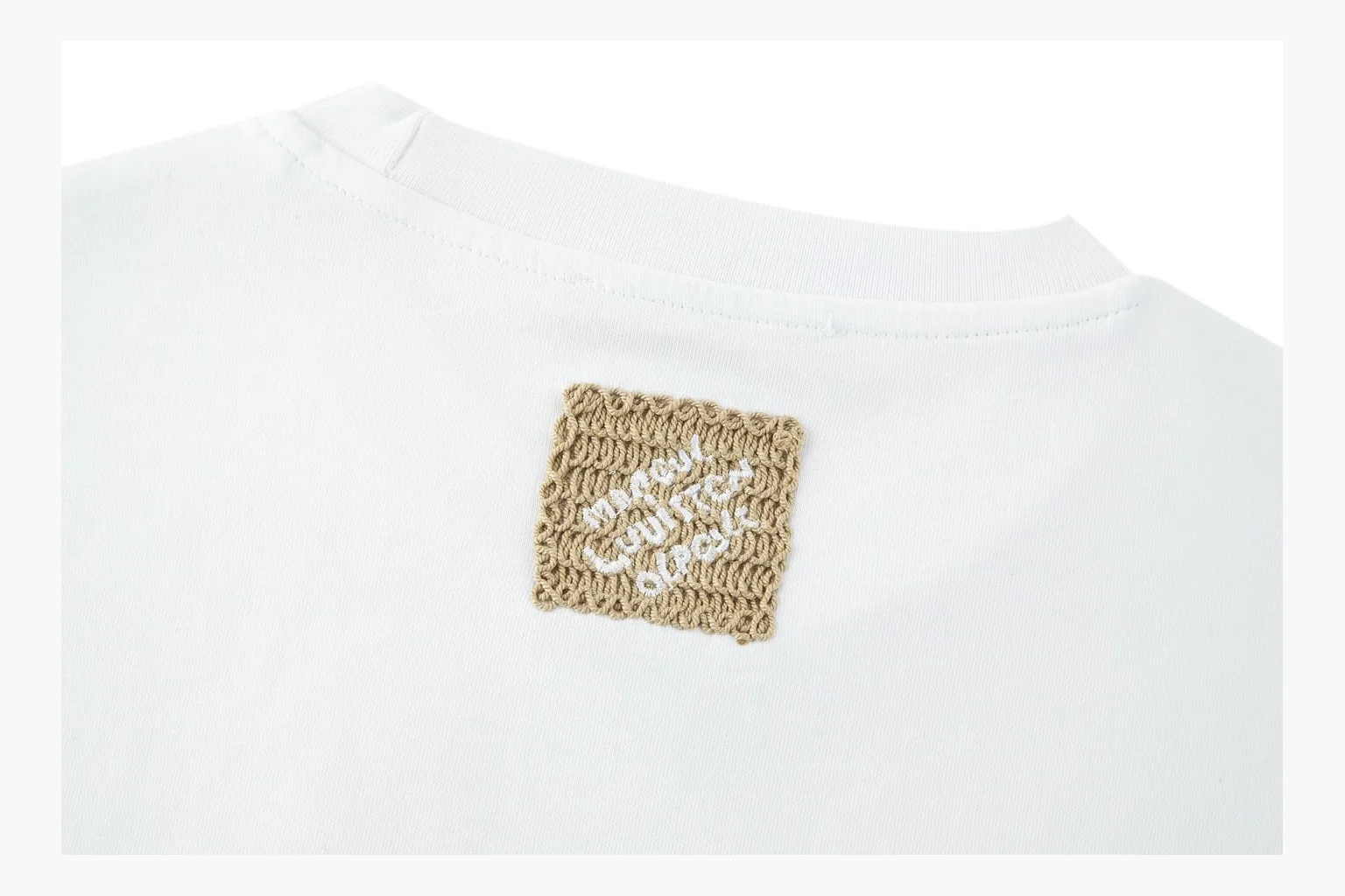 White LV raffia rope logo tee QC photo with embroidery thumbnail 6