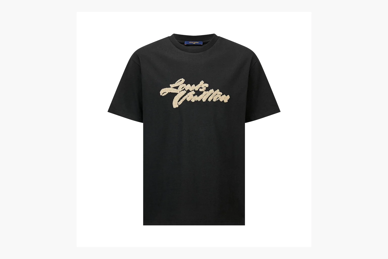 Black LV raffia rope logo tee QC photo with chest embroidery
