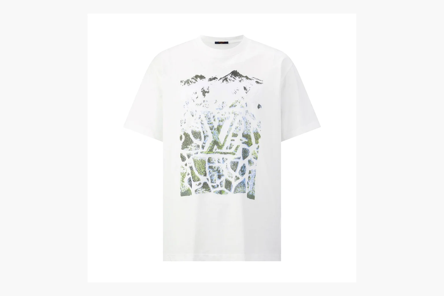 White LV ski mountain tee QC photo with green graphic