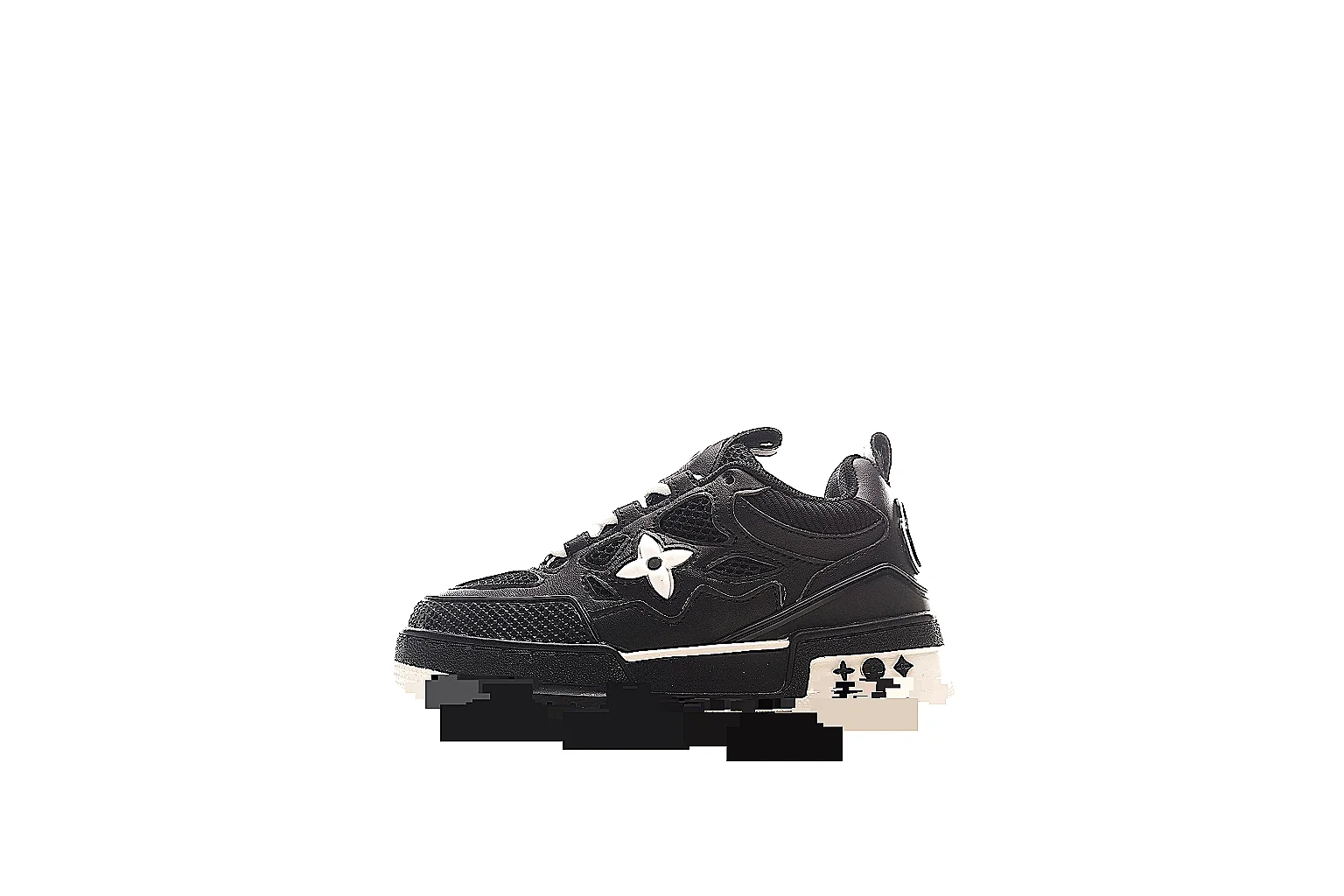 Louis Vuitton 0771 black trainer QC closeup for side badge and mesh checks thumbnail 2