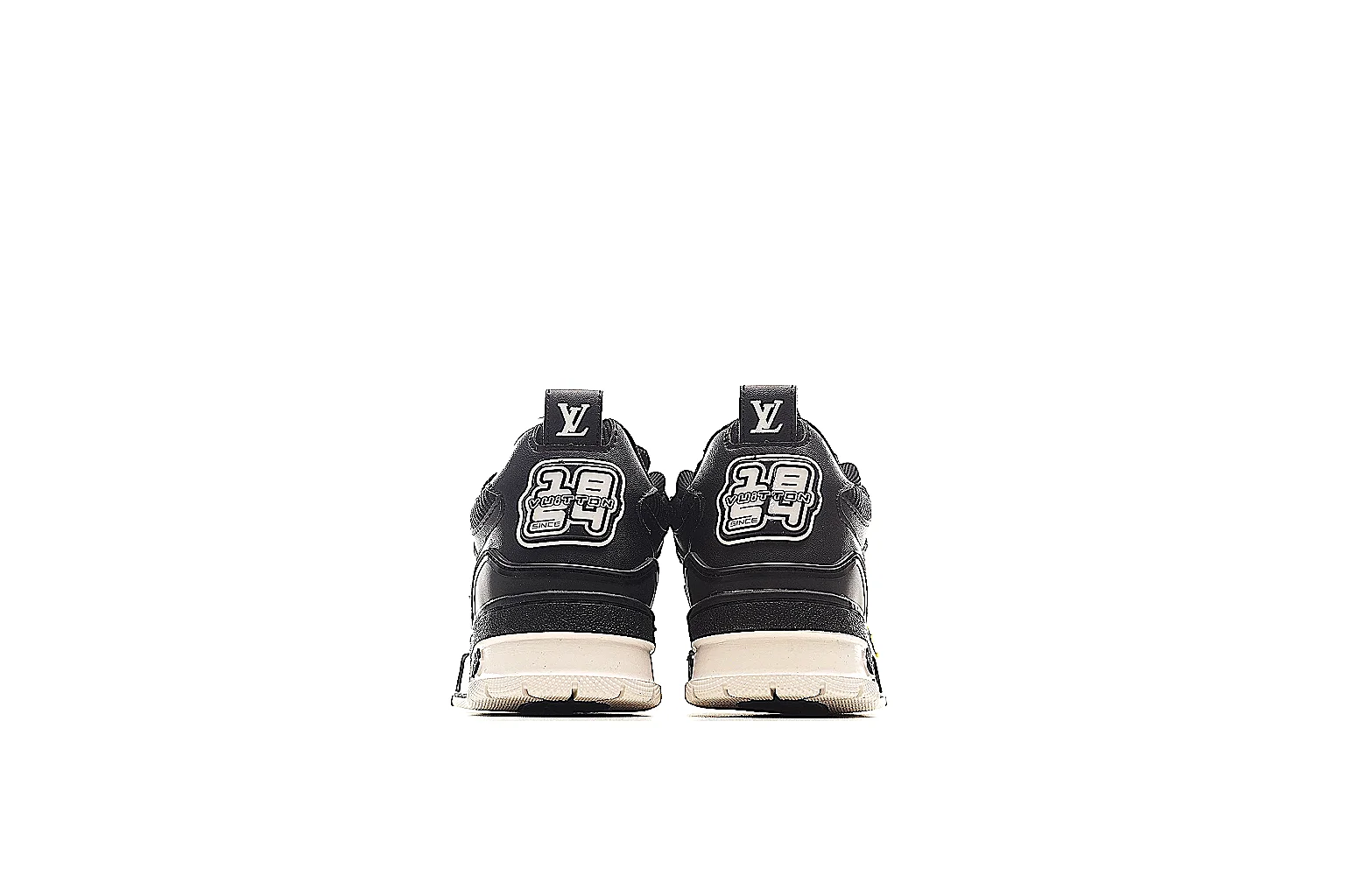Louis Vuitton 0771 black trainer QC closeup for side badge and mesh checks