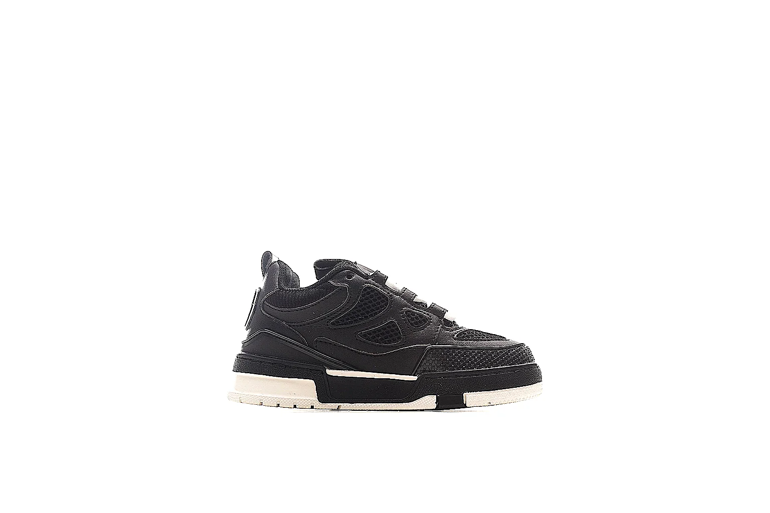 Louis Vuitton 0771 black trainer QC closeup for side badge and mesh checks thumbnail 5
