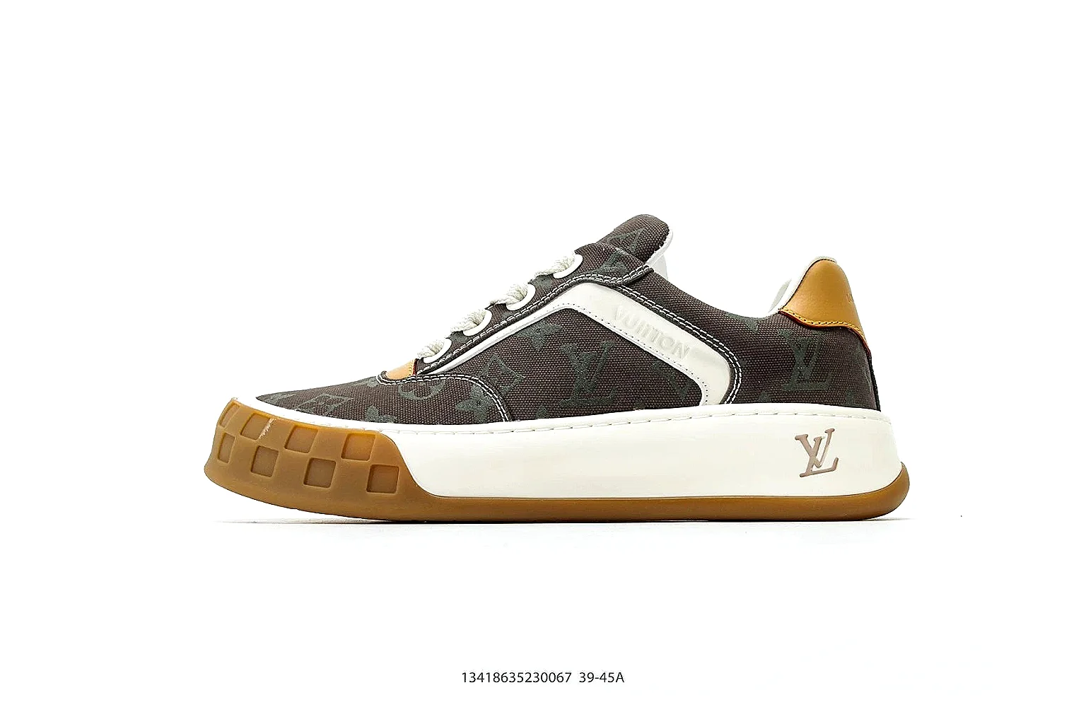 Louis Vuitton Trainer Brown Gum Sneaker 3482 QC angle reference with side and outsole views thumbnail 2