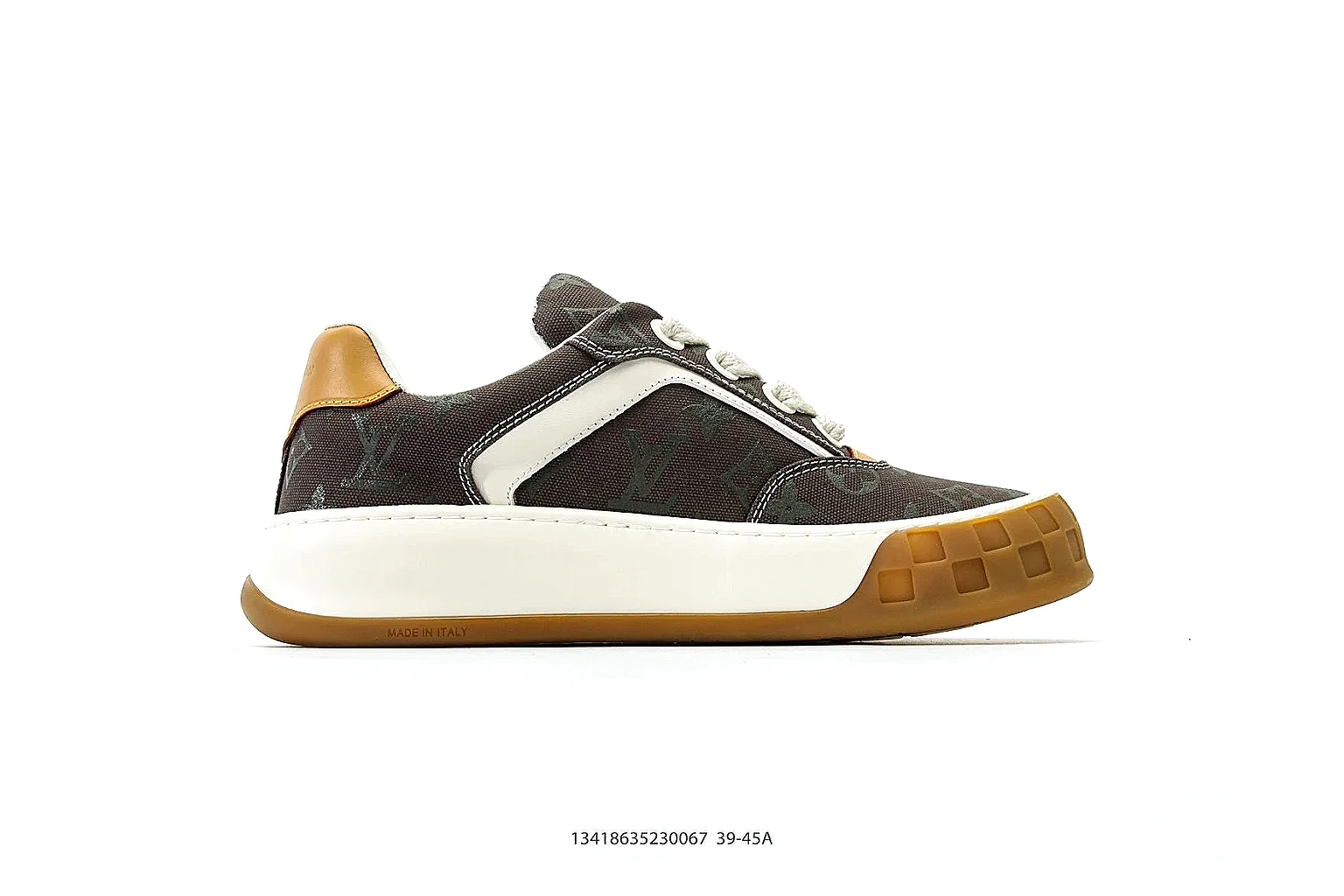 Louis Vuitton Trainer Brown Gum Sneaker 3482 QC angle reference with side and outsole views