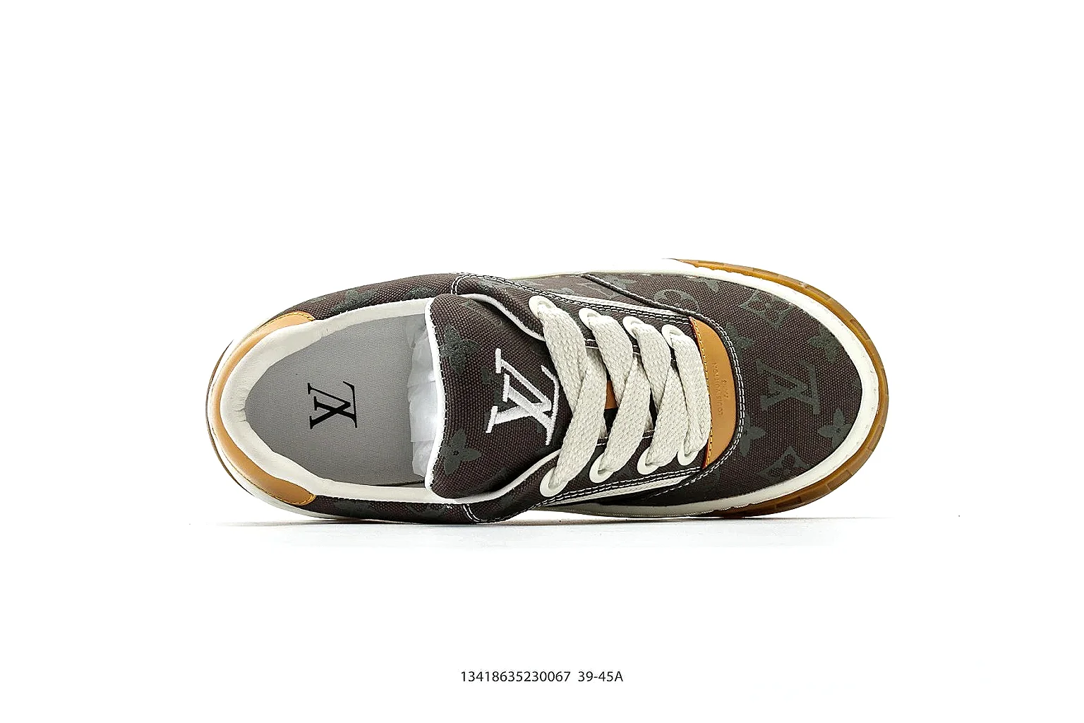 Louis Vuitton Trainer Brown Gum Sneaker 3482 QC angle reference with side and outsole views thumbnail 3
