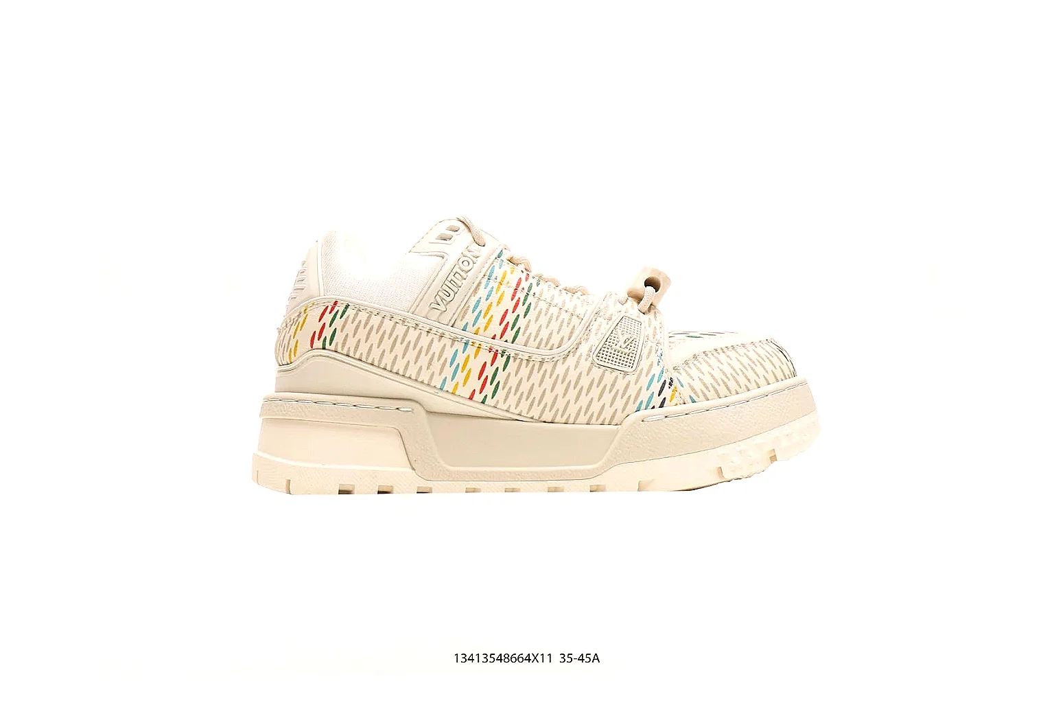 Louis Vuitton Trainer Cream Sneaker 5540 QC angle reference with side and outsole views