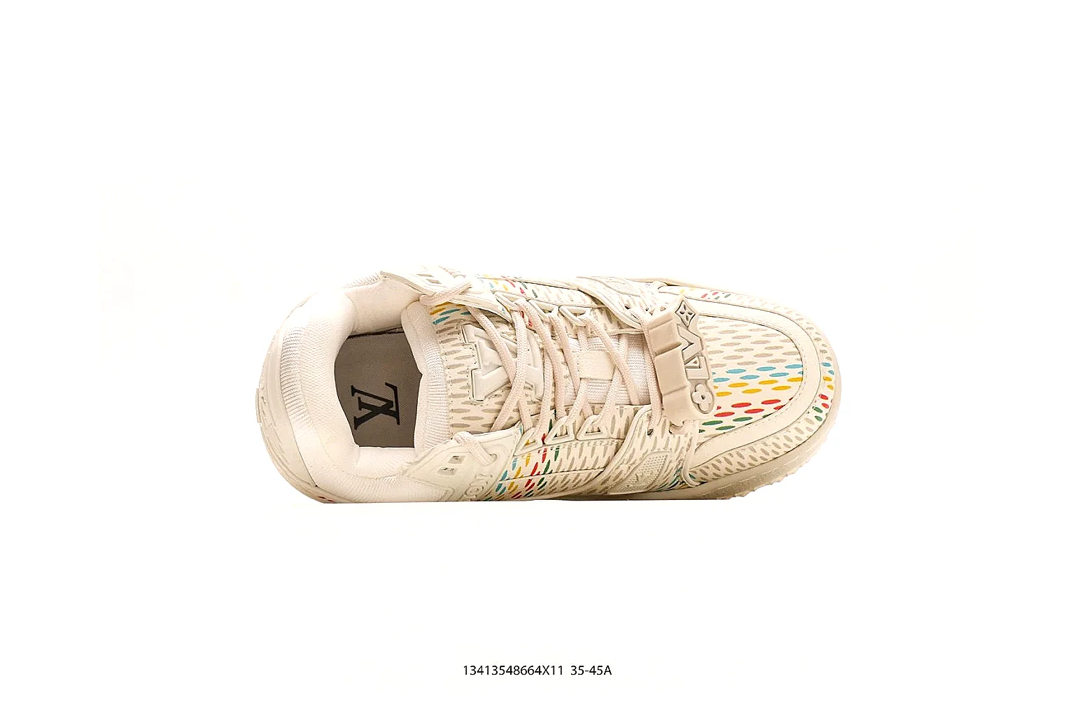 Louis Vuitton Trainer Cream Sneaker 5540 QC angle reference with side and outsole views thumbnail 3