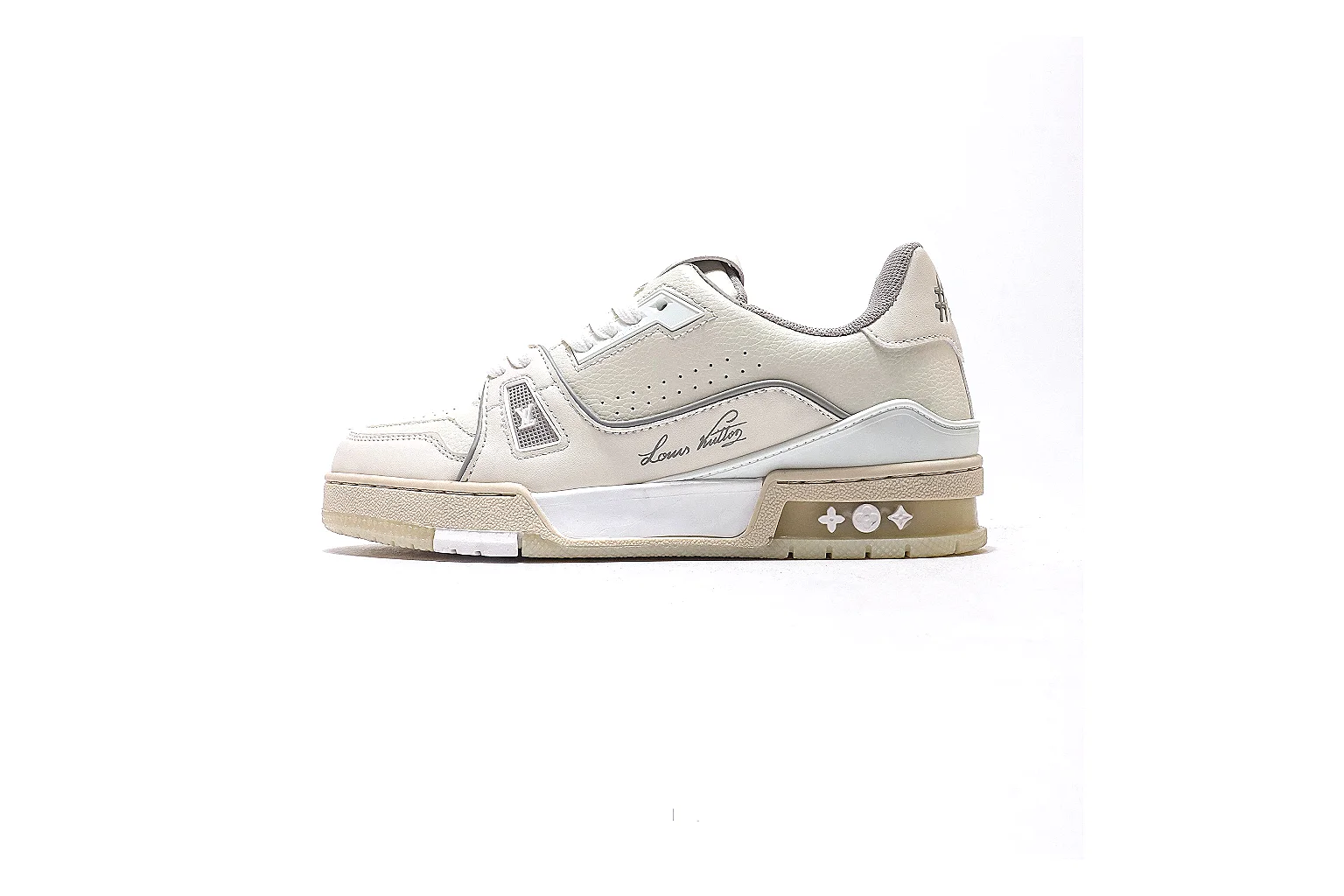Louis Vuitton Trainer Cream Beige Sneaker 5190 QC angle reference with side and outsole views thumbnail 2
