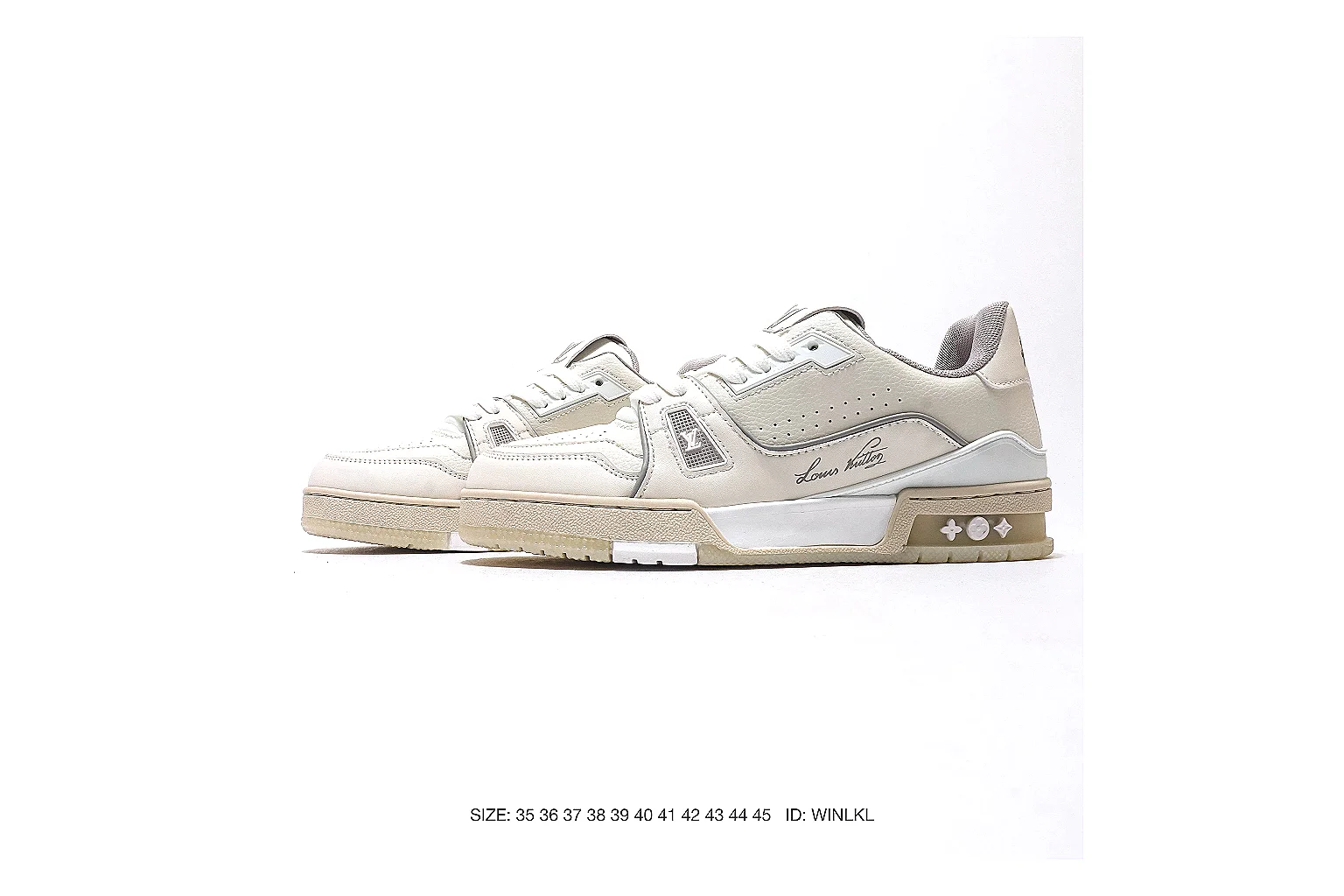 Louis Vuitton Trainer Cream Beige Sneaker 5190 QC angle reference with side and outsole views thumbnail 5