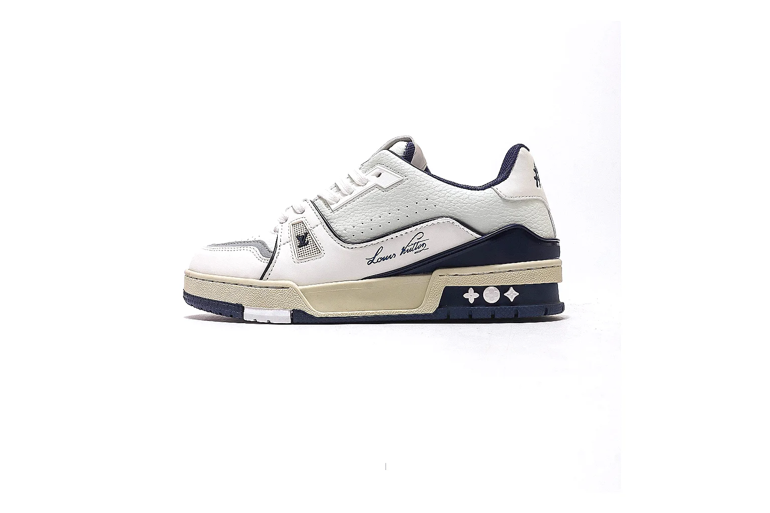 Louis Vuitton Trainer White Navy Sneaker 5182 QC angle reference with side and outsole views thumbnail 2