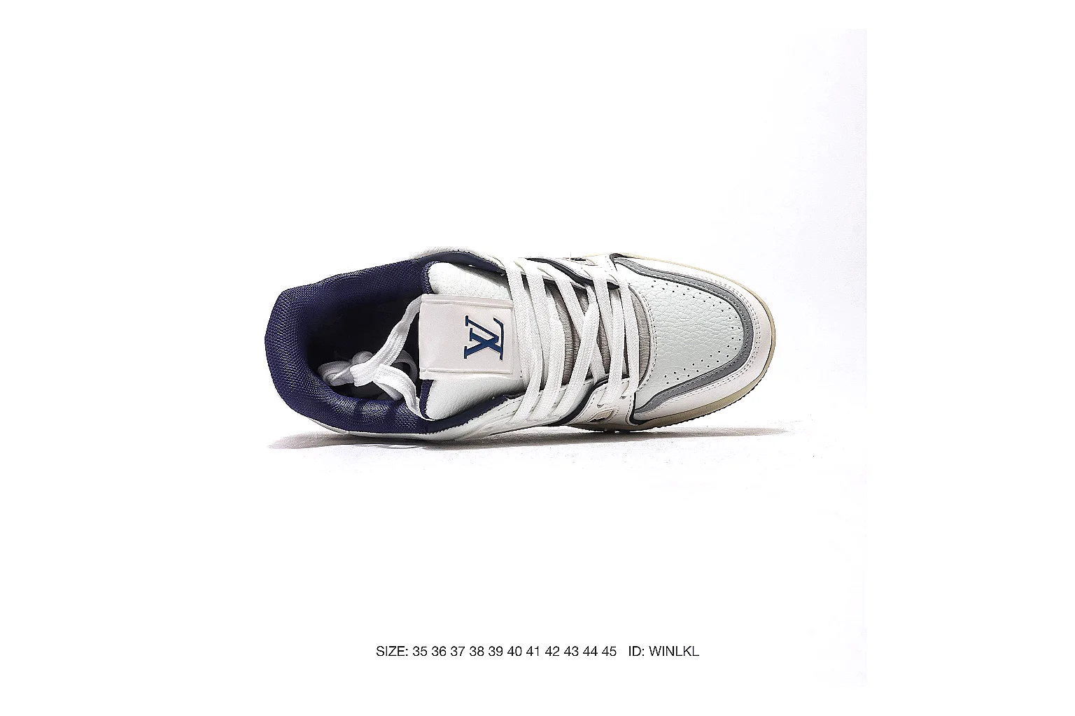 Louis Vuitton Trainer White Navy Sneaker 5182 QC angle reference with side and outsole views