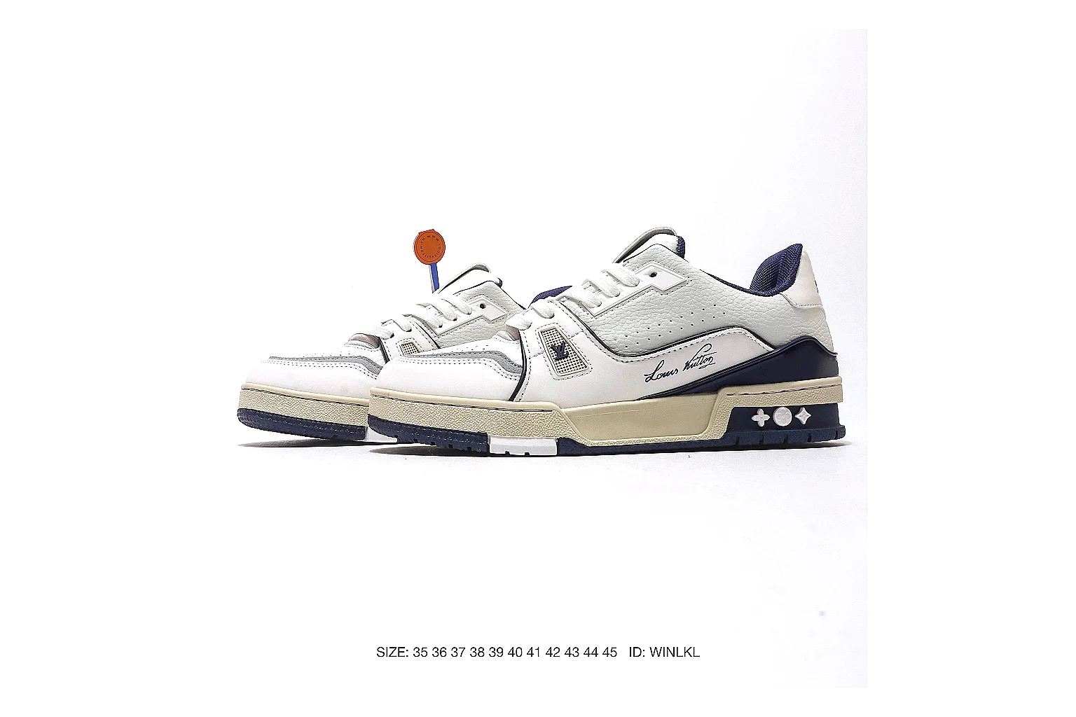 Louis Vuitton Trainer White Navy Sneaker 5182 QC angle reference with side and outsole views thumbnail 5