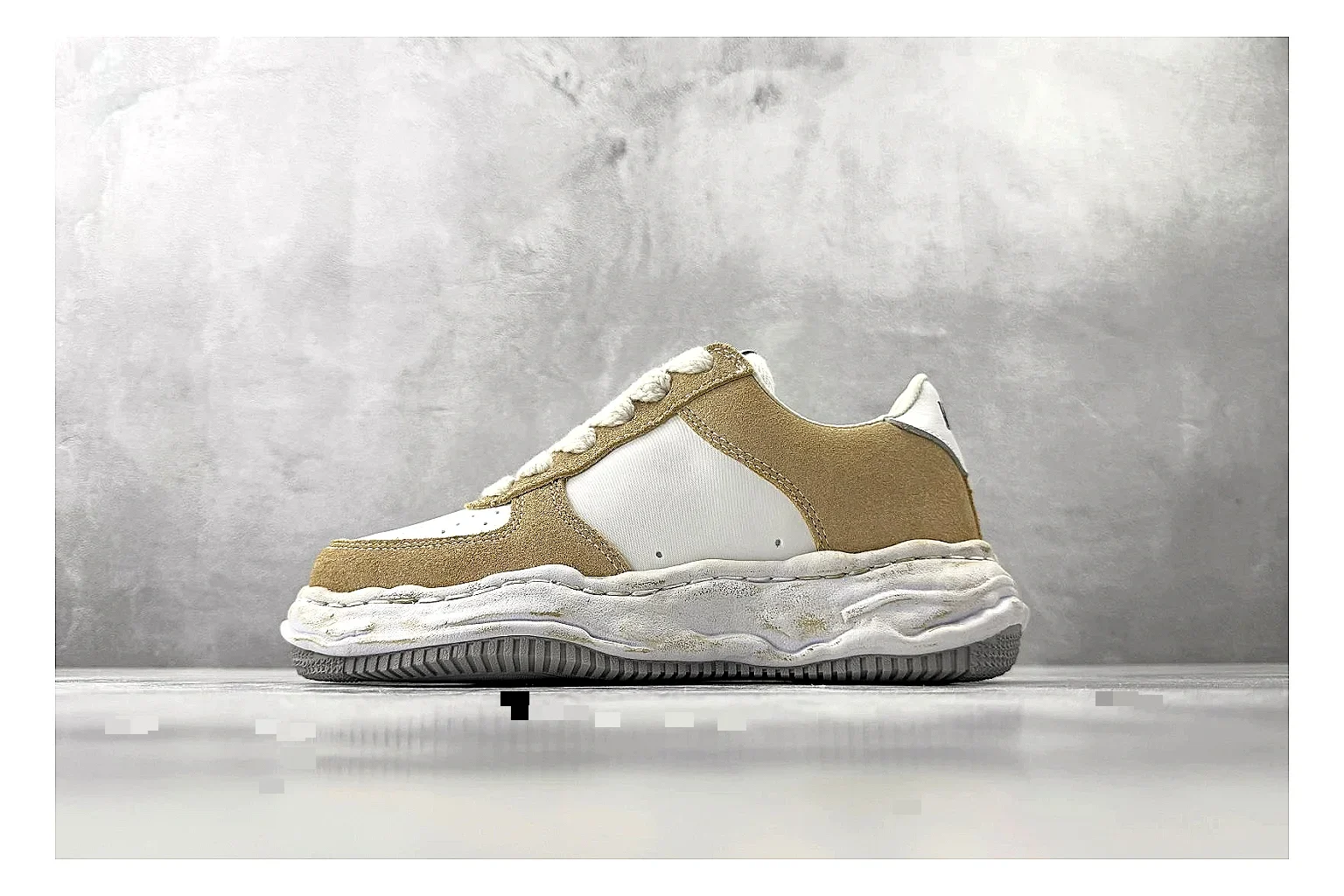 Maison Mihara Yasuhiro Blakey Beige Distressed QC reference photo showing beige distressed canvas upper, warped sculpted white sole, low lace profile, and intentionally worn texture