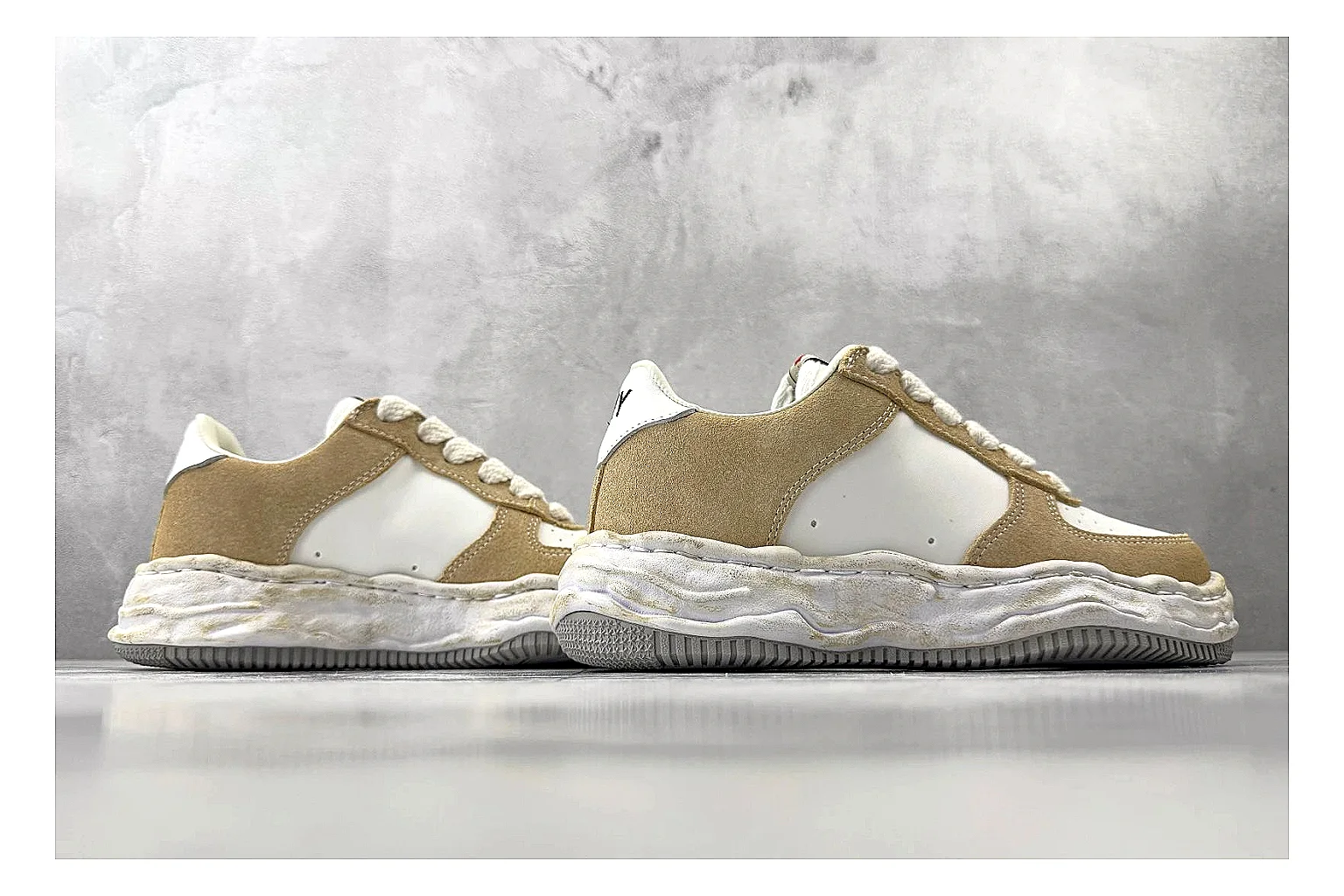 Maison Mihara Yasuhiro Blakey Beige Distressed QC reference photo showing beige distressed canvas upper, warped sculpted white sole, low lace profile, and intentionally worn texture