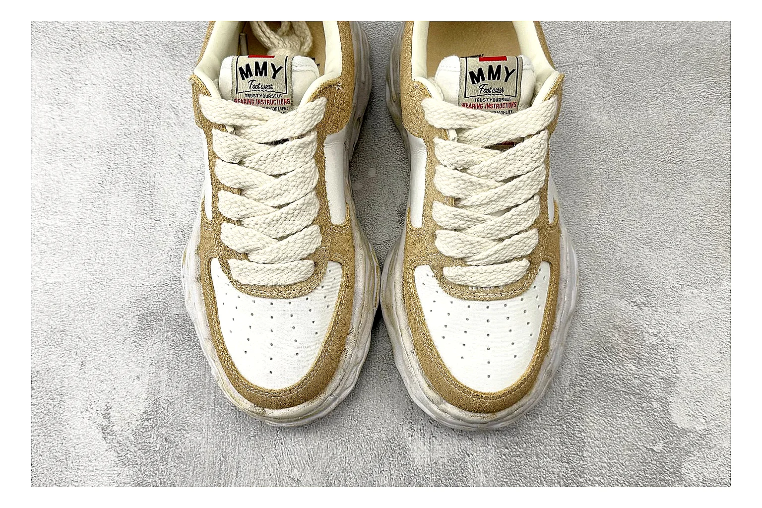 Maison Mihara Yasuhiro Blakey Beige Distressed QC reference photo showing beige distressed canvas upper, warped sculpted white sole, low lace profile, and intentionally worn texture thumbnail 4
