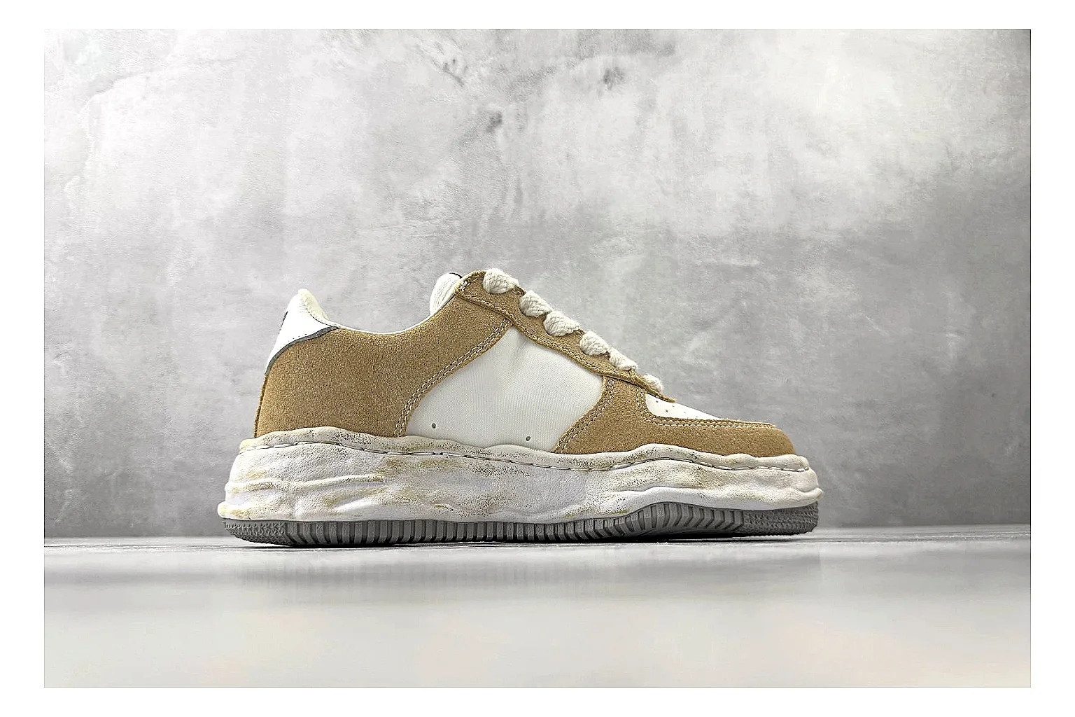 Maison Mihara Yasuhiro Blakey Beige Distressed QC reference photo showing beige distressed canvas upper, warped sculpted white sole, low lace profile, and intentionally worn texture thumbnail 5