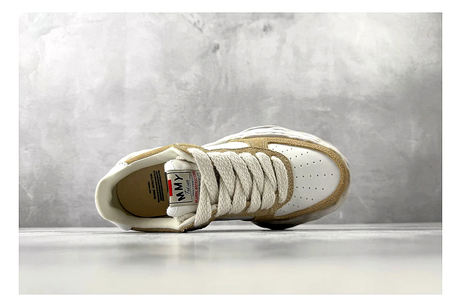 Maison Mihara Yasuhiro Blakey Beige Distressed QC reference photo showing beige distressed canvas upper, warped sculpted white sole, low lace profile, and intentionally worn texture thumbnail 6