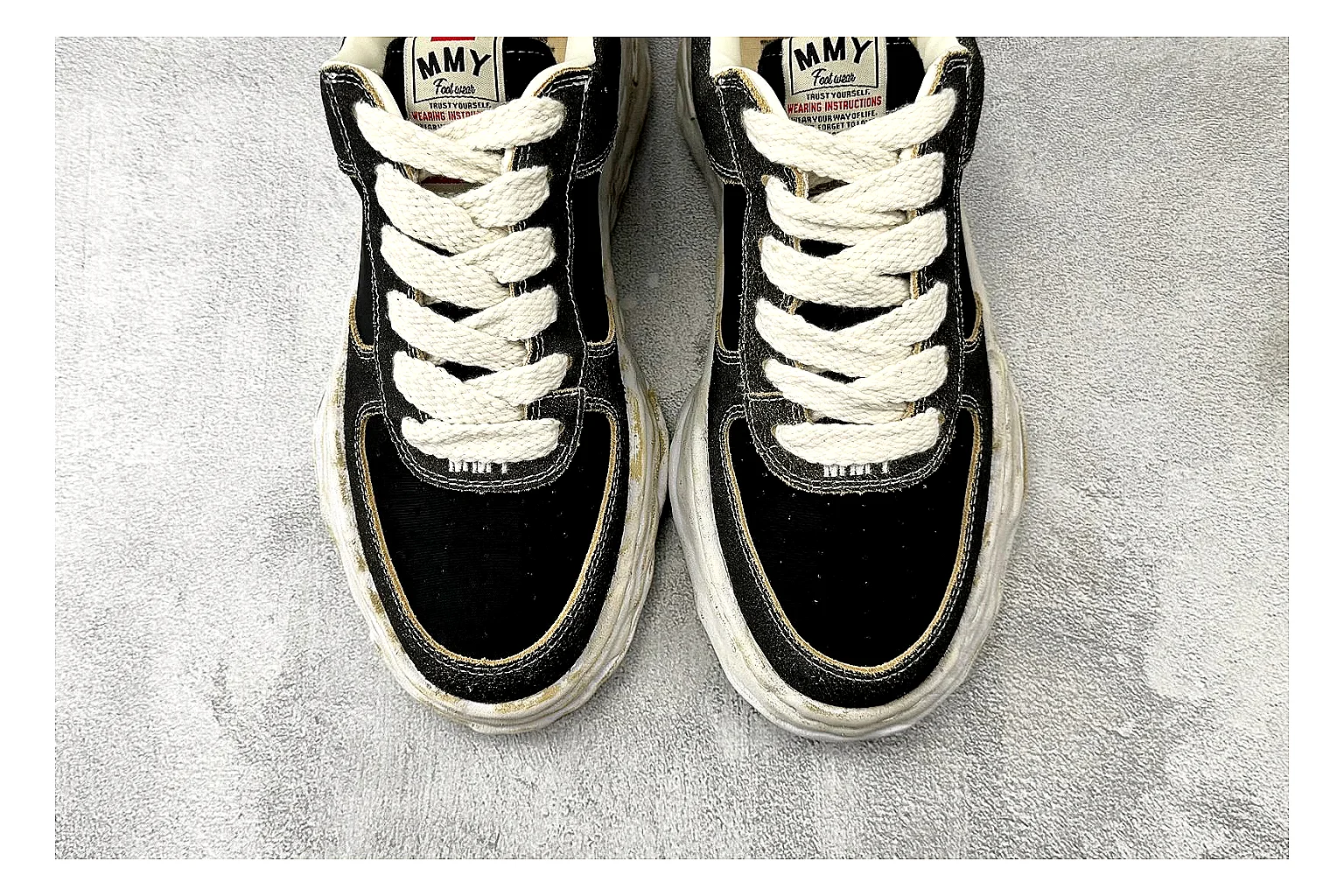 Maison Mihara Yasuhiro Blakey Black Distressed QC reference photo showing black distressed canvas upper, warped sculpted white sole, low lace profile, and worn texture thumbnail 4