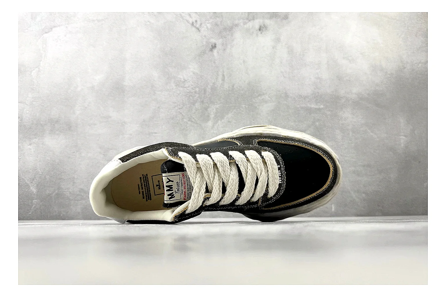 Maison Mihara Yasuhiro Blakey Black Distressed QC reference photo showing black distressed canvas upper, warped sculpted white sole, low lace profile, and worn texture thumbnail 6