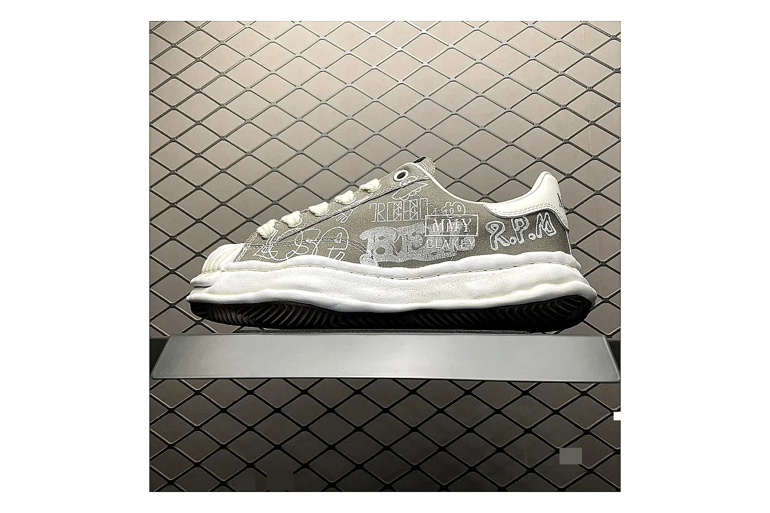 Maison Mihara Yasuhiro Blakey Grey QC photo showing white grey blakey distressed low-top with canvas upper and low top shape