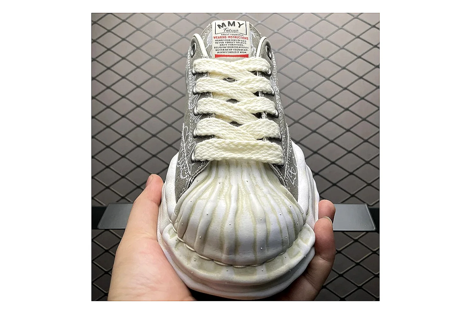 Maison Mihara Yasuhiro Blakey Grey QC photo showing white grey blakey distressed low-top with canvas upper and low top shape thumbnail 3