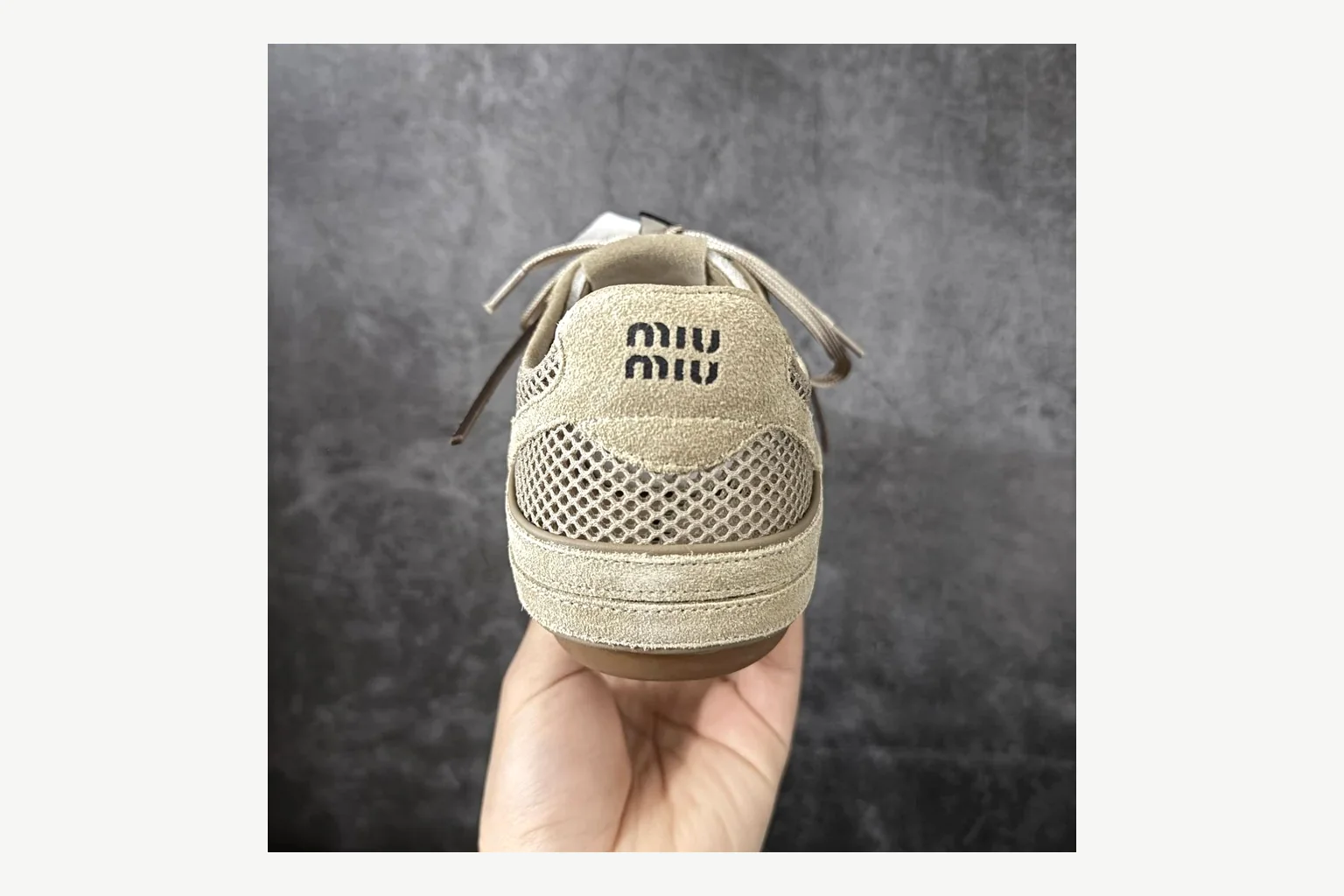 Miu Miu Beige Logo Sneaker QC photo showing beige logo low-top with mixed-material upper and low-profile shape