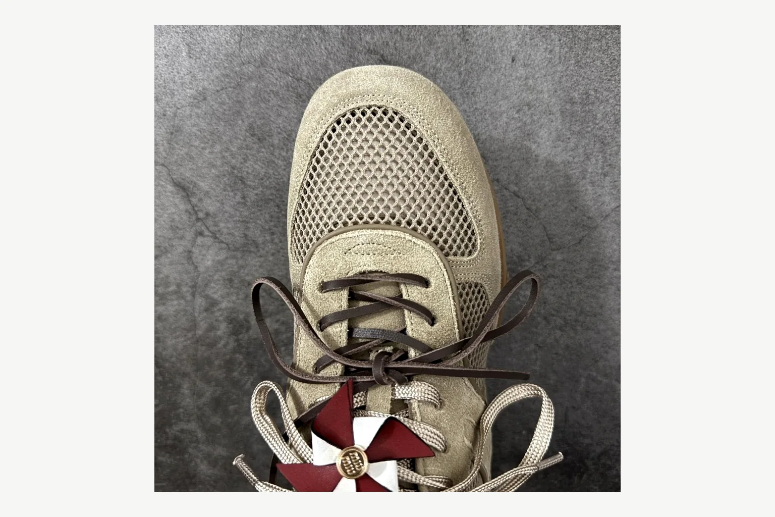 Miu Miu Beige Logo Sneaker QC photo showing beige logo low-top with mixed-material upper and low-profile shape thumbnail 3