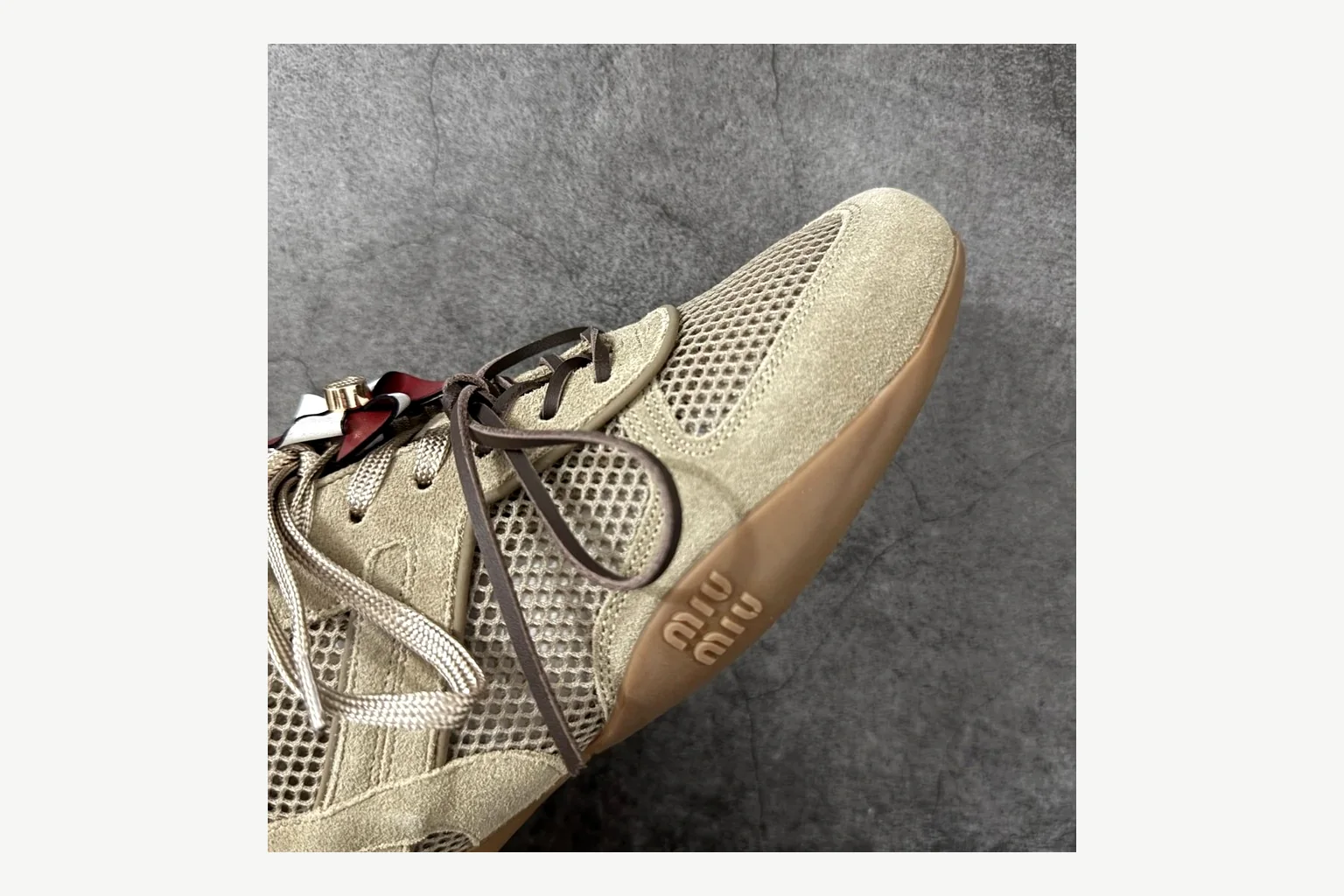 Miu Miu Beige Logo Sneaker QC photo showing beige logo low-top with mixed-material upper and low-profile shape thumbnail 4