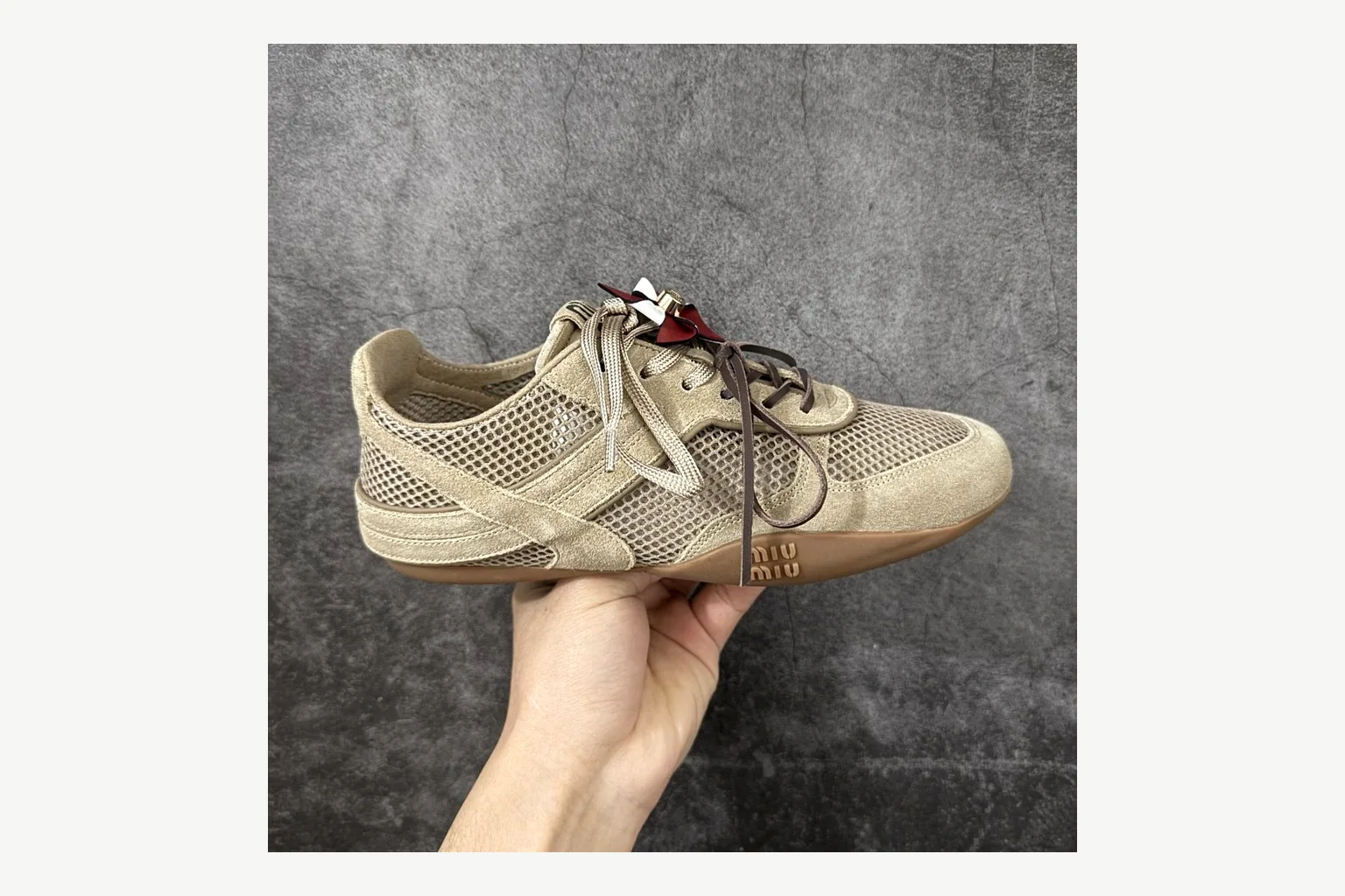 Miu Miu Beige Logo Sneaker QC photo showing beige logo low-top with mixed-material upper and low-profile shape thumbnail 5