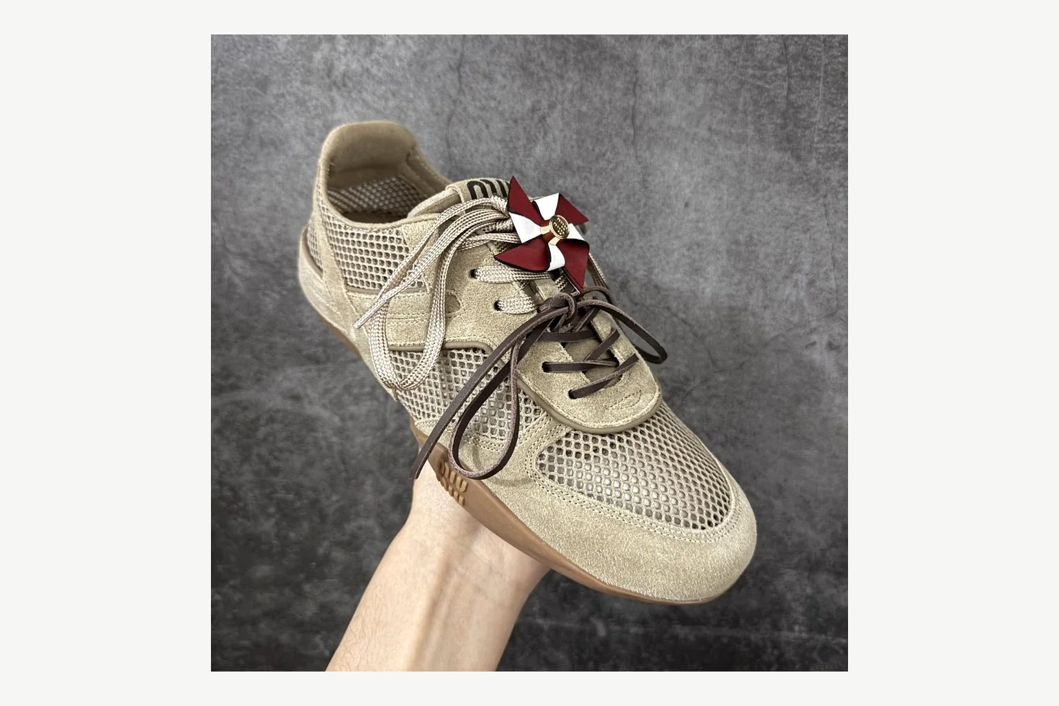 Miu Miu Beige Logo Sneaker QC photo showing beige logo low-top with mixed-material upper and low-profile shape thumbnail 6