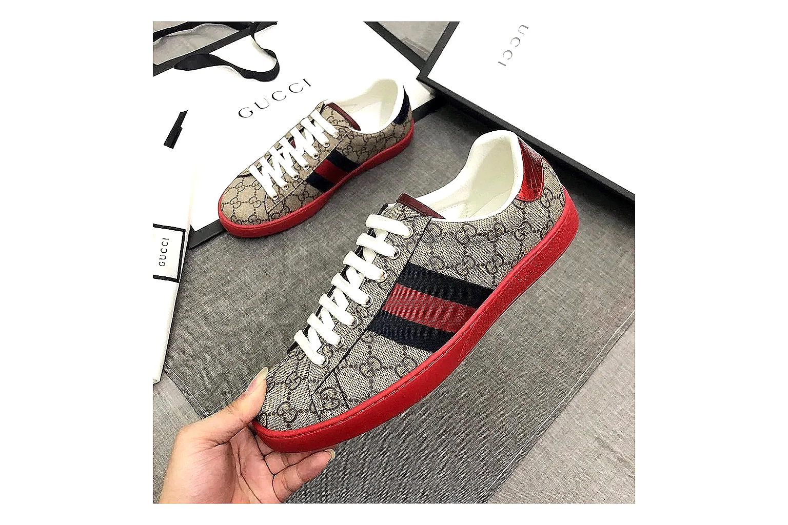 kakoqclab.com Miu Miu Lace Up Low Gray Red QC photo checklist six-photo gallery