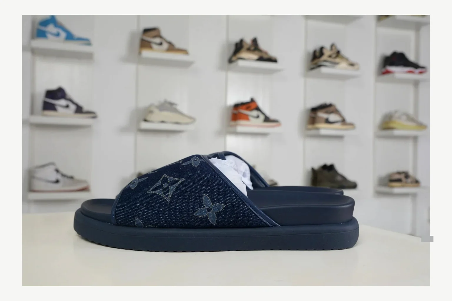 Miu Miu Navy Denim Slide QC photo showing navy denim denim slide with denim upper and low-profile shape