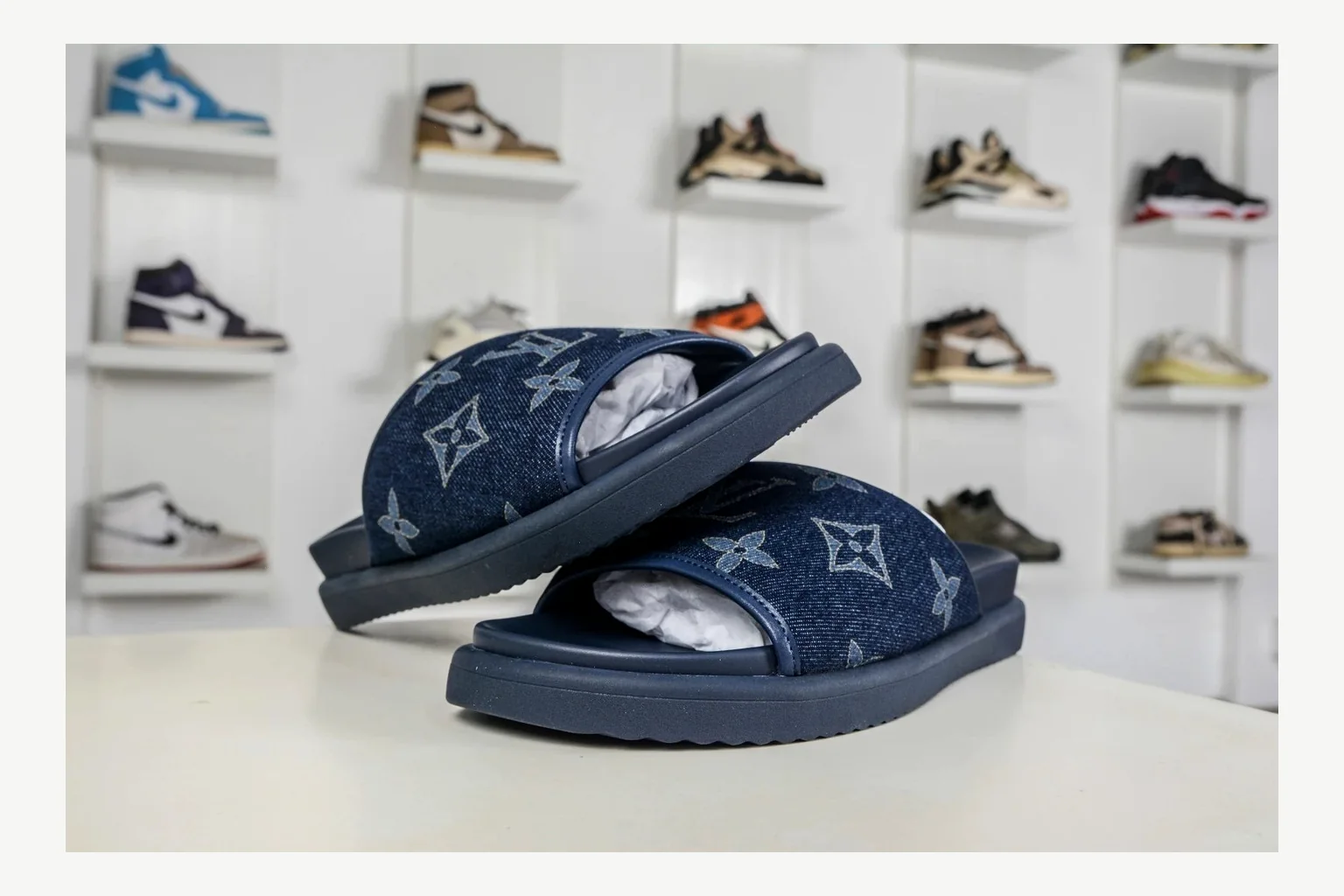 Miu Miu Navy Denim Slide QC photo showing navy denim denim slide with denim upper and low-profile shape thumbnail 2