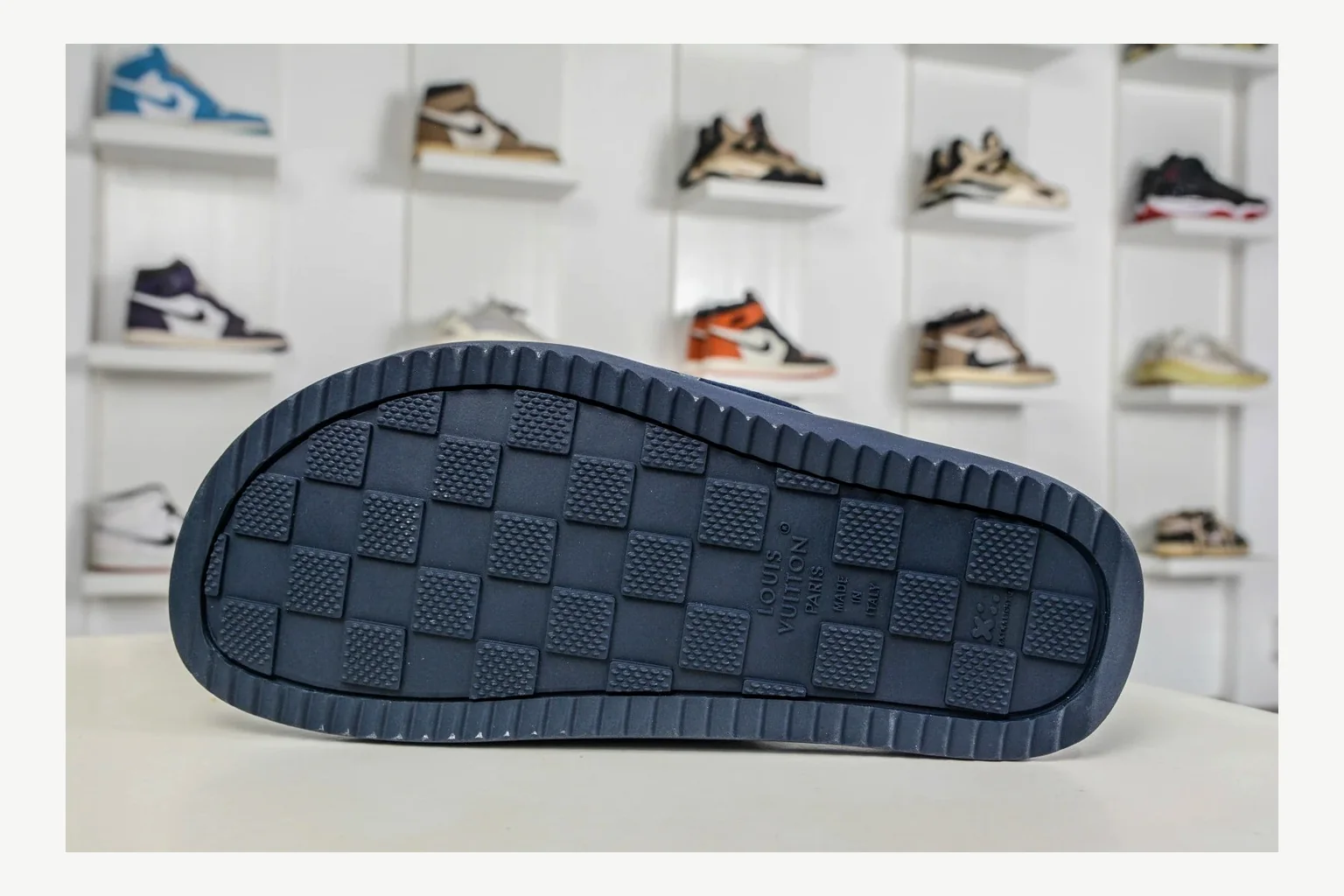 Miu Miu Navy Denim Slide QC photo showing navy denim denim slide with denim upper and low-profile shape thumbnail 3