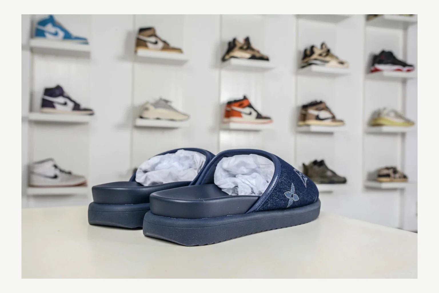 Miu Miu Navy Denim Slide QC photo showing navy denim denim slide with denim upper and low-profile shape thumbnail 4