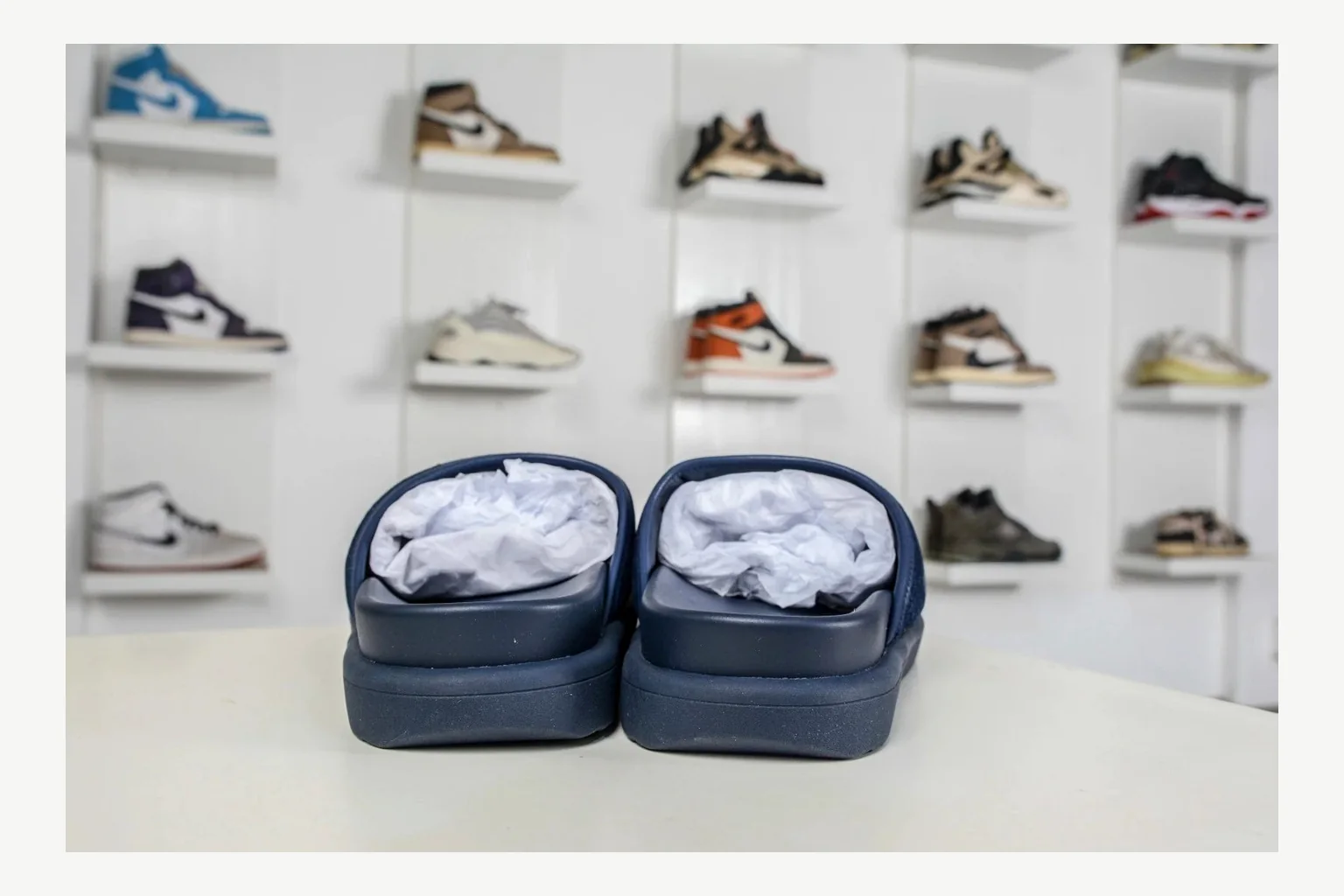 Miu Miu Navy Denim Slide QC photo showing navy denim denim slide with denim upper and low-profile shape thumbnail 5