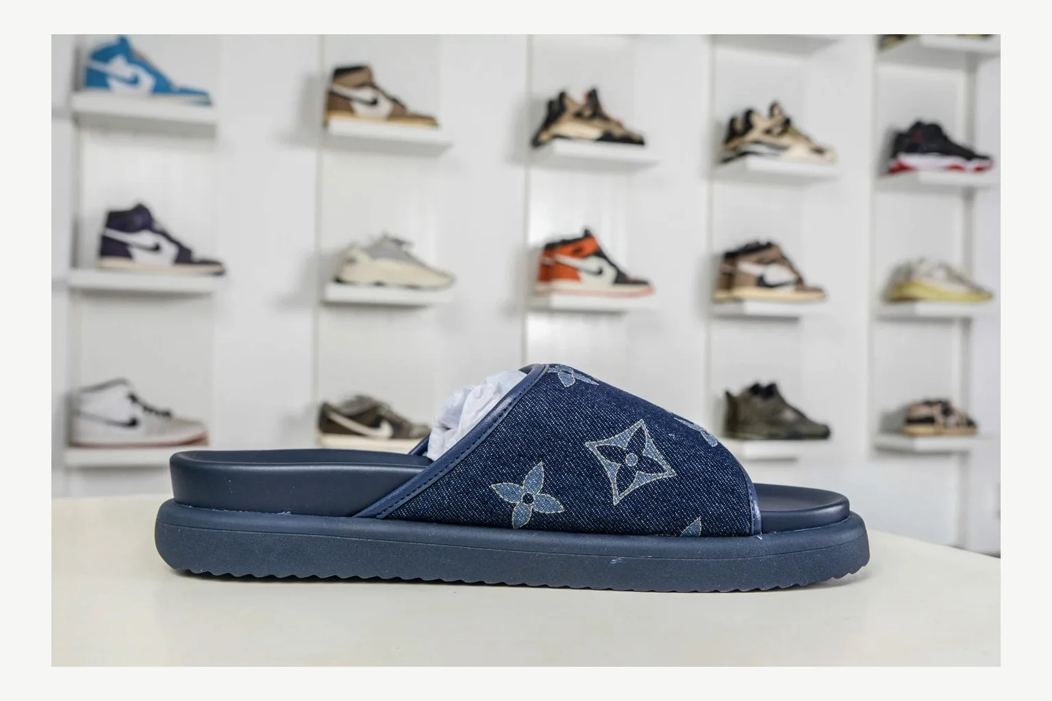 Miu Miu Navy Denim Slide QC photo showing navy denim denim slide with denim upper and low-profile shape thumbnail 6