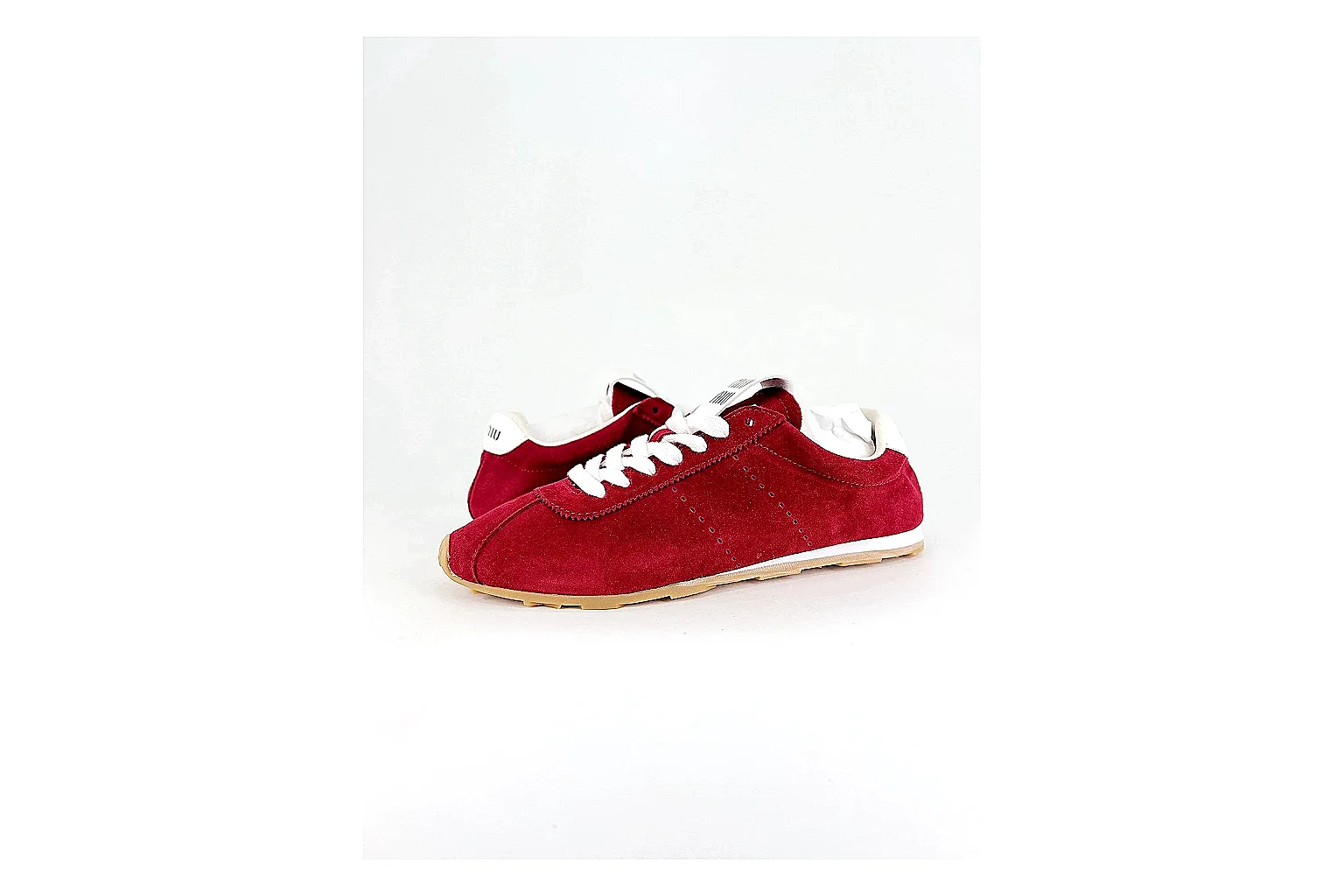 Miu Miu Red Suede Sneaker QC photo showing red fashion low-top with mixed-material upper and low-profile shape