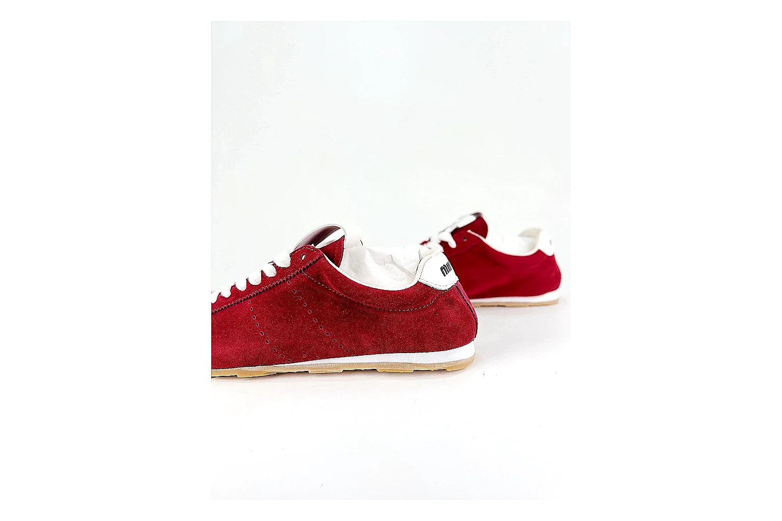 Miu Miu Red Suede Sneaker QC photo showing red fashion low-top with mixed-material upper and low-profile shape thumbnail 4