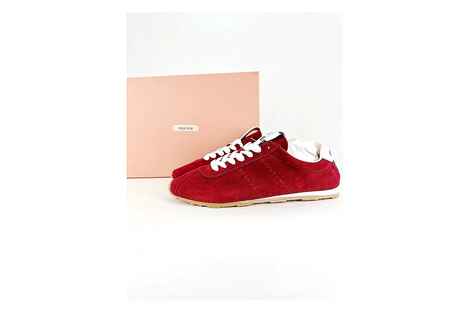 Miu Miu Red Suede Sneaker QC photo showing red fashion low-top with mixed-material upper and low-profile shape thumbnail 5