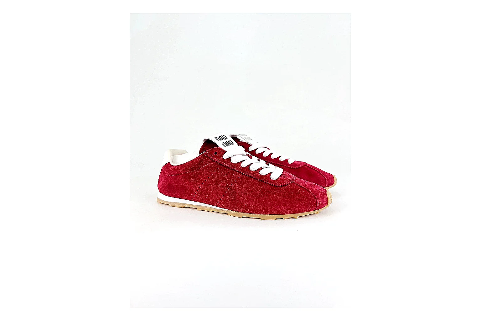 Miu Miu Red Suede Sneaker QC photo showing red fashion low-top with mixed-material upper and low-profile shape thumbnail 6
