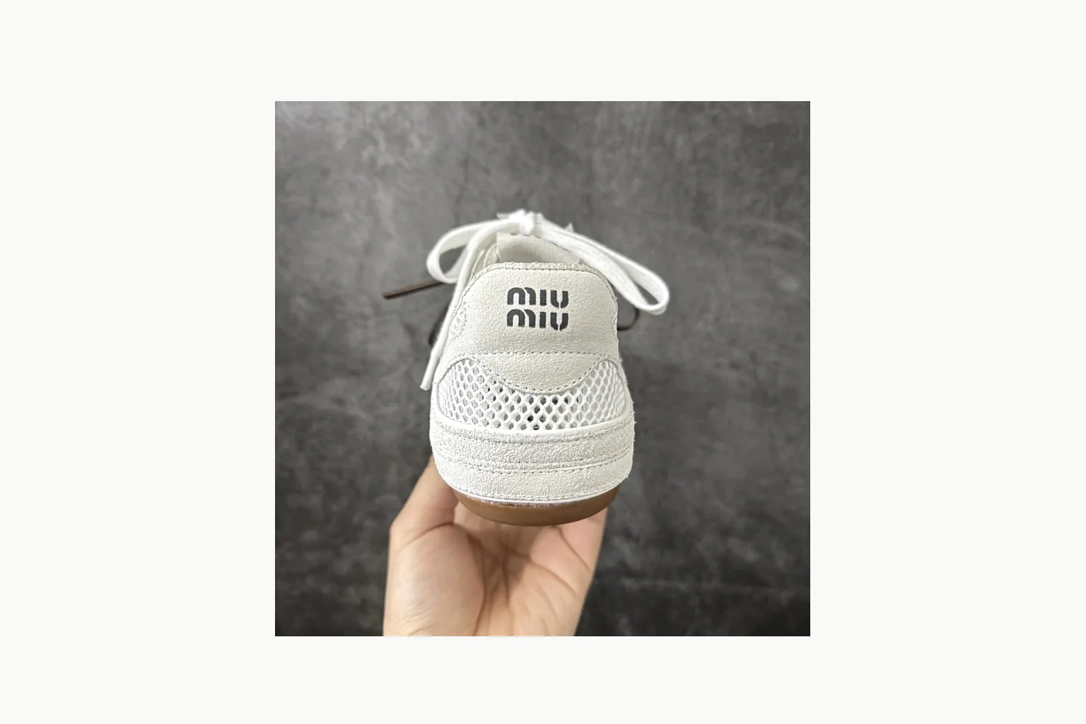 Miu Miu White Bow Sneaker QC photo showing white bow-detail low-top with mixed-material upper and low-profile shape