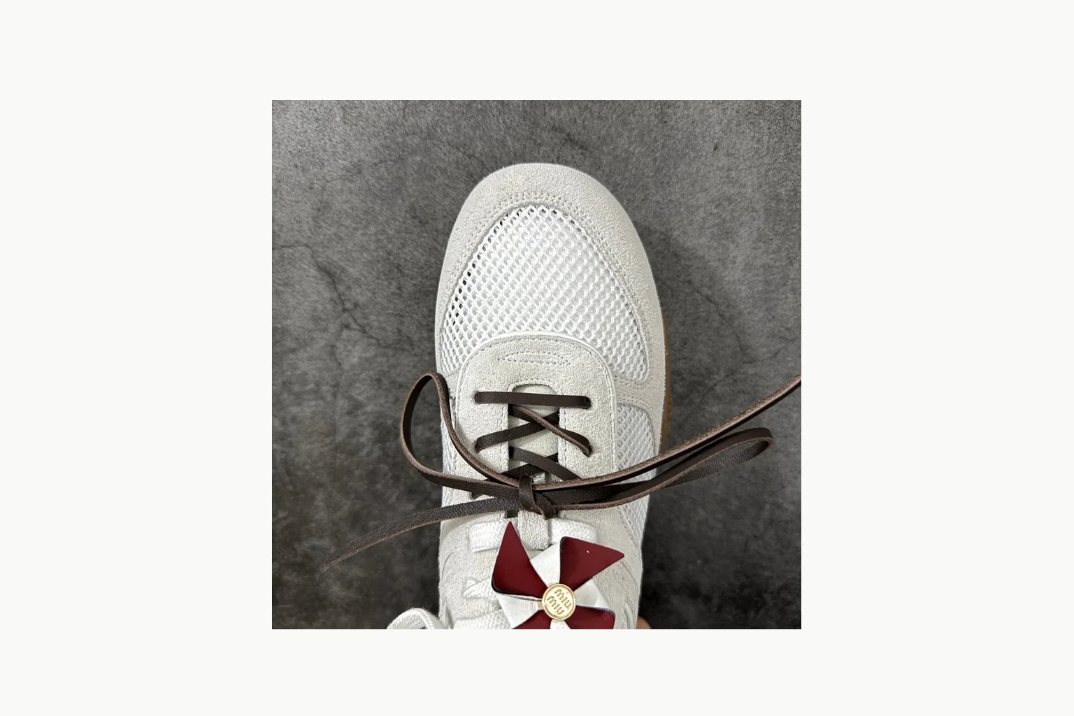 Miu Miu White Bow Sneaker QC photo showing white bow-detail low-top with mixed-material upper and low-profile shape thumbnail 3