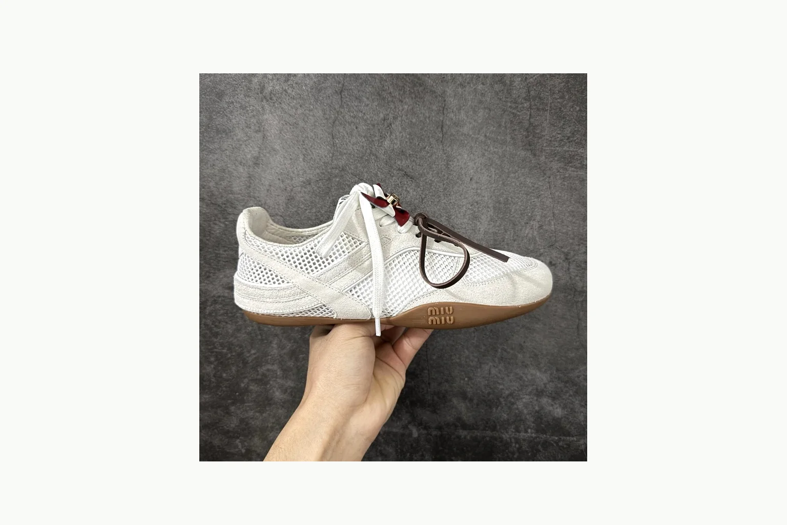 Miu Miu White Bow Sneaker QC photo showing white bow-detail low-top with mixed-material upper and low-profile shape thumbnail 5