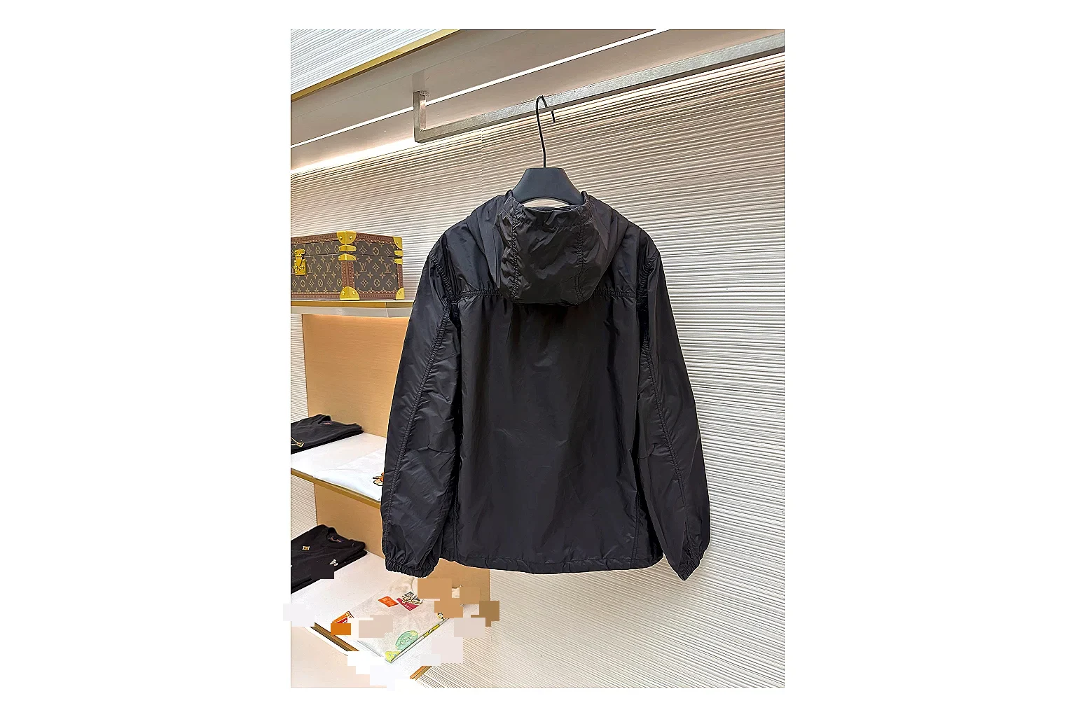 Moncler Nylon Hooded Jacket Black Jacket QC photo reference showing black nylon hooded jacket with nylon texture, hood structure, zipper line, sleeve cuffs, and light shell shape