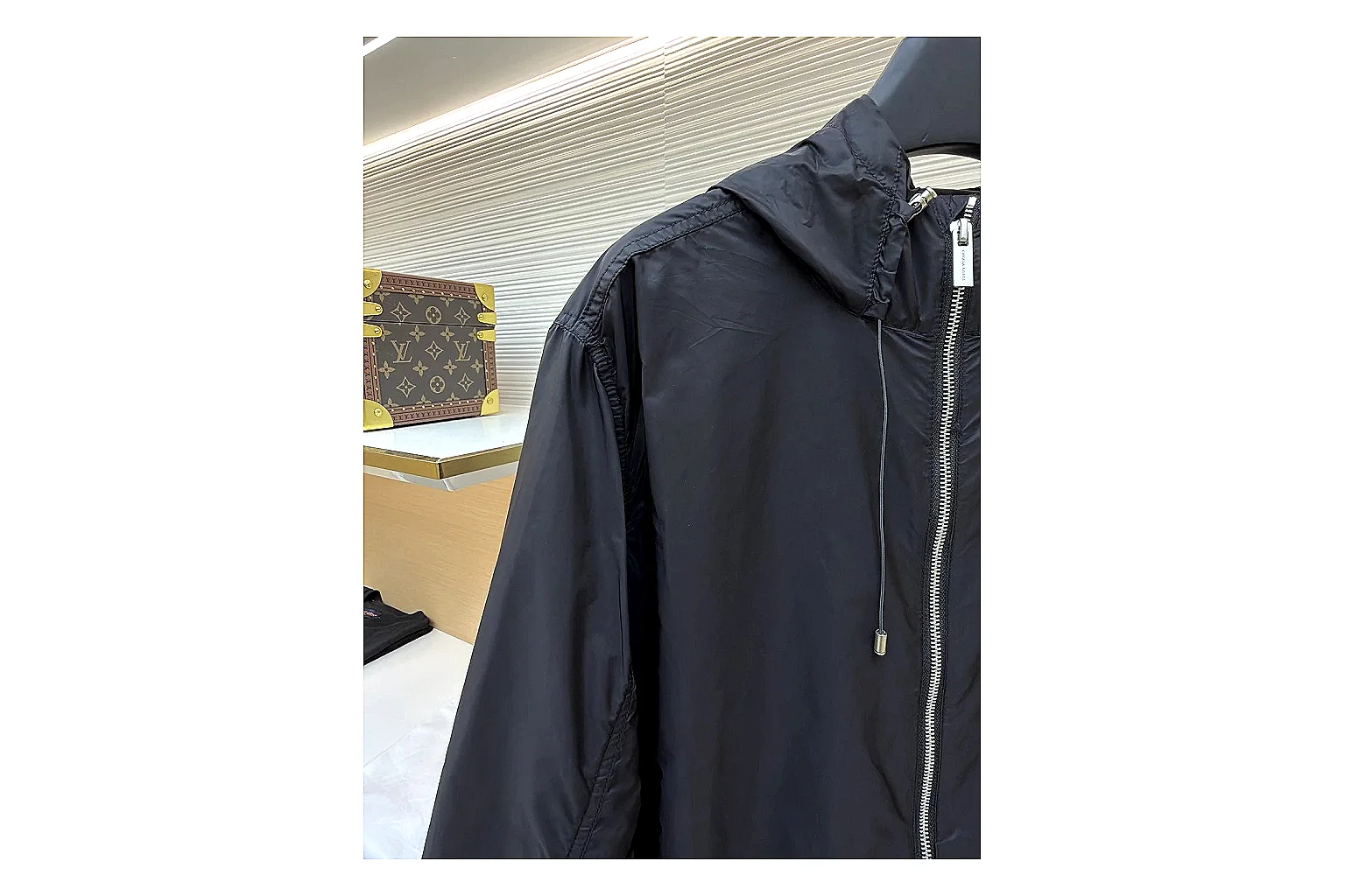 Moncler Nylon Hooded Jacket Black Jacket QC photo reference showing black nylon hooded jacket with nylon texture, hood structure, zipper line, sleeve cuffs, and light shell shape