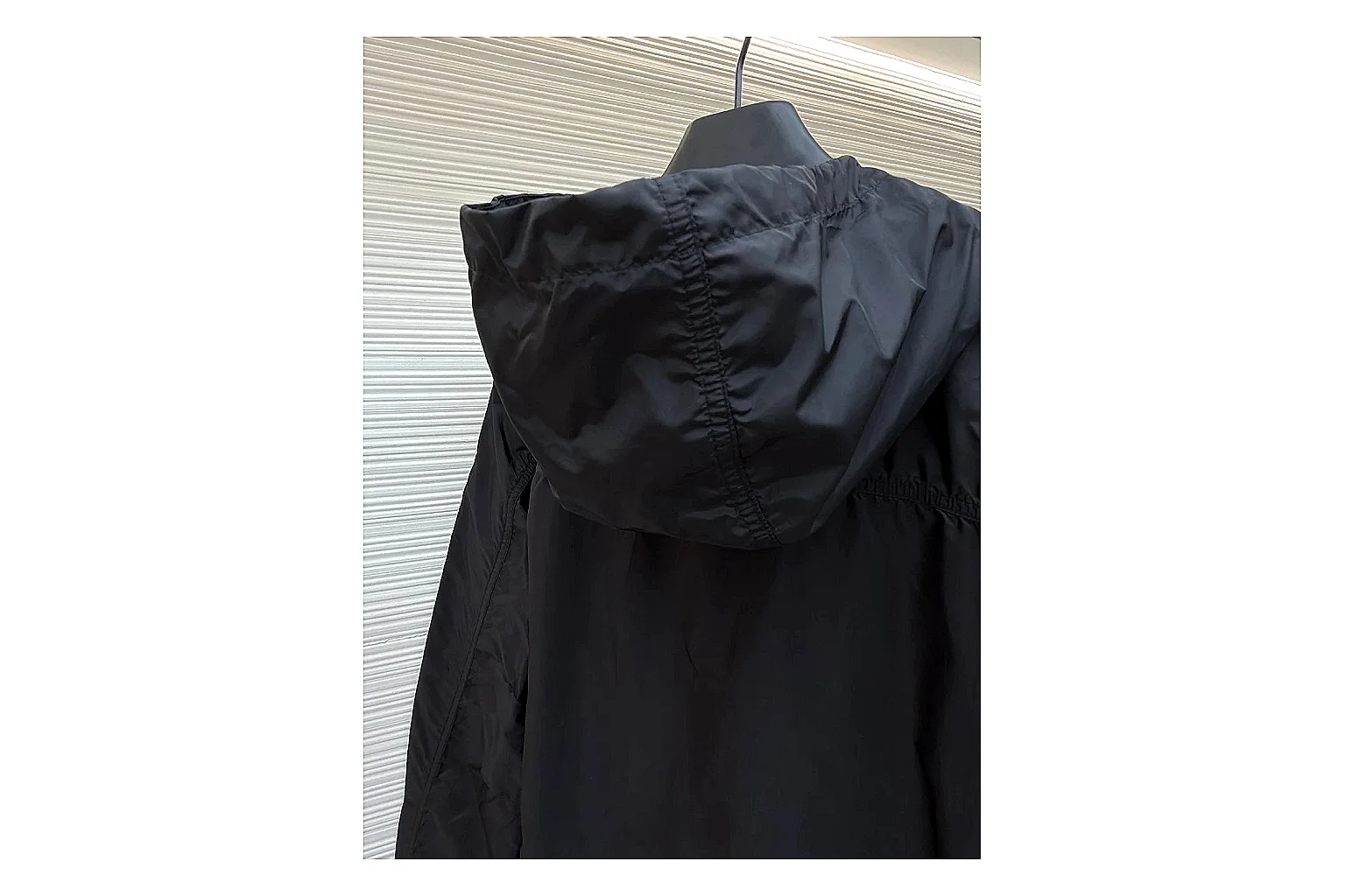Moncler Nylon Hooded Jacket Black Jacket QC photo reference showing black nylon hooded jacket with nylon texture, hood structure, zipper line, sleeve cuffs, and light shell shape thumbnail 3