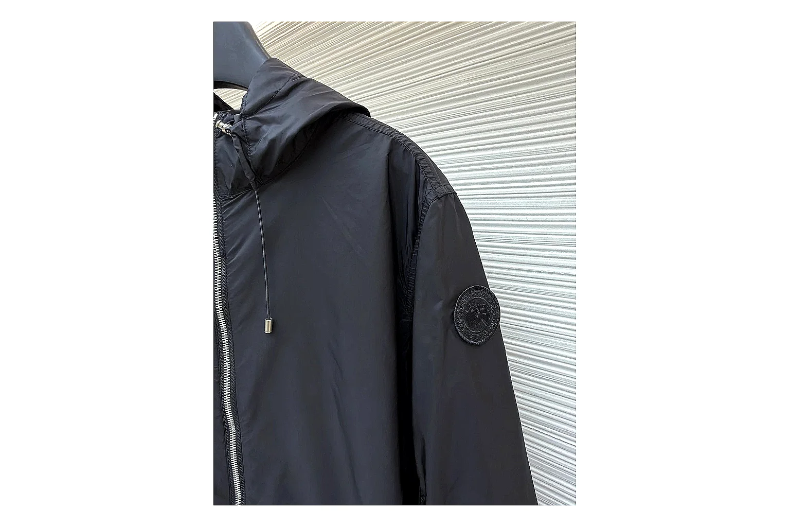 Moncler Nylon Hooded Jacket Black Jacket QC photo reference showing black nylon hooded jacket with nylon texture, hood structure, zipper line, sleeve cuffs, and light shell shape thumbnail 4